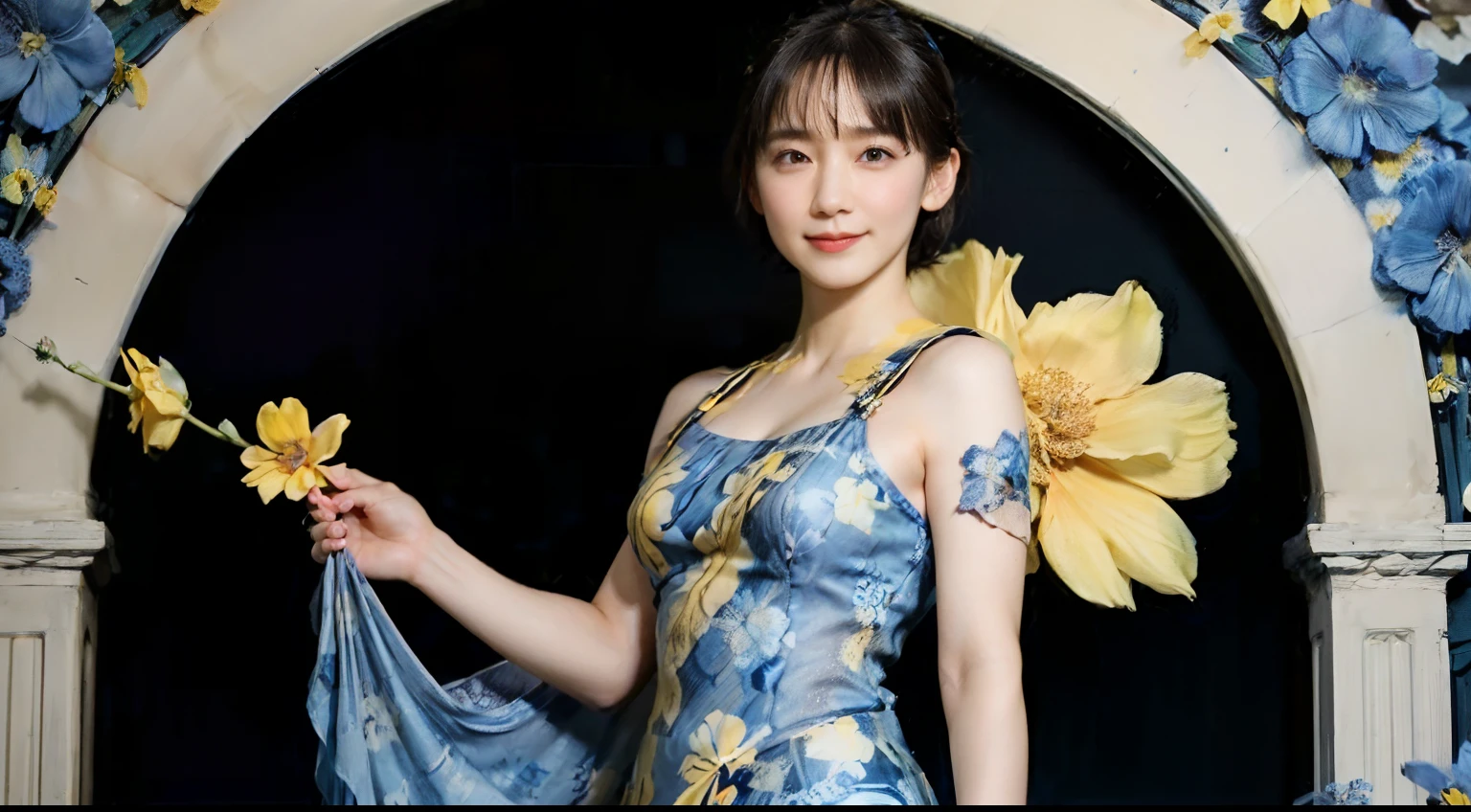 78
(20-year-old princess,is standing), (A hyper-realistic), (masutepiece), ((short-hair:1.46)), (Smooth black hair), (Breast:1.0), (kindly smile:0.9), (Blue and Yellow Floral Dress:1.46), Majestic Palace, Orange Lipstick