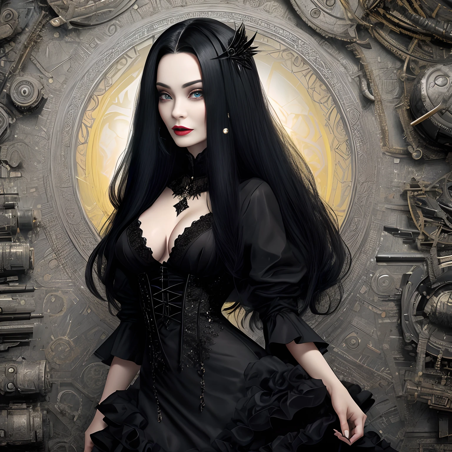 Morticia, realista, cara detallada con ojos  dorados, vestido largo ????? y ajustado, tiny breast,  cuerpo entero, Bonita y relajada, labios pintados en negro,