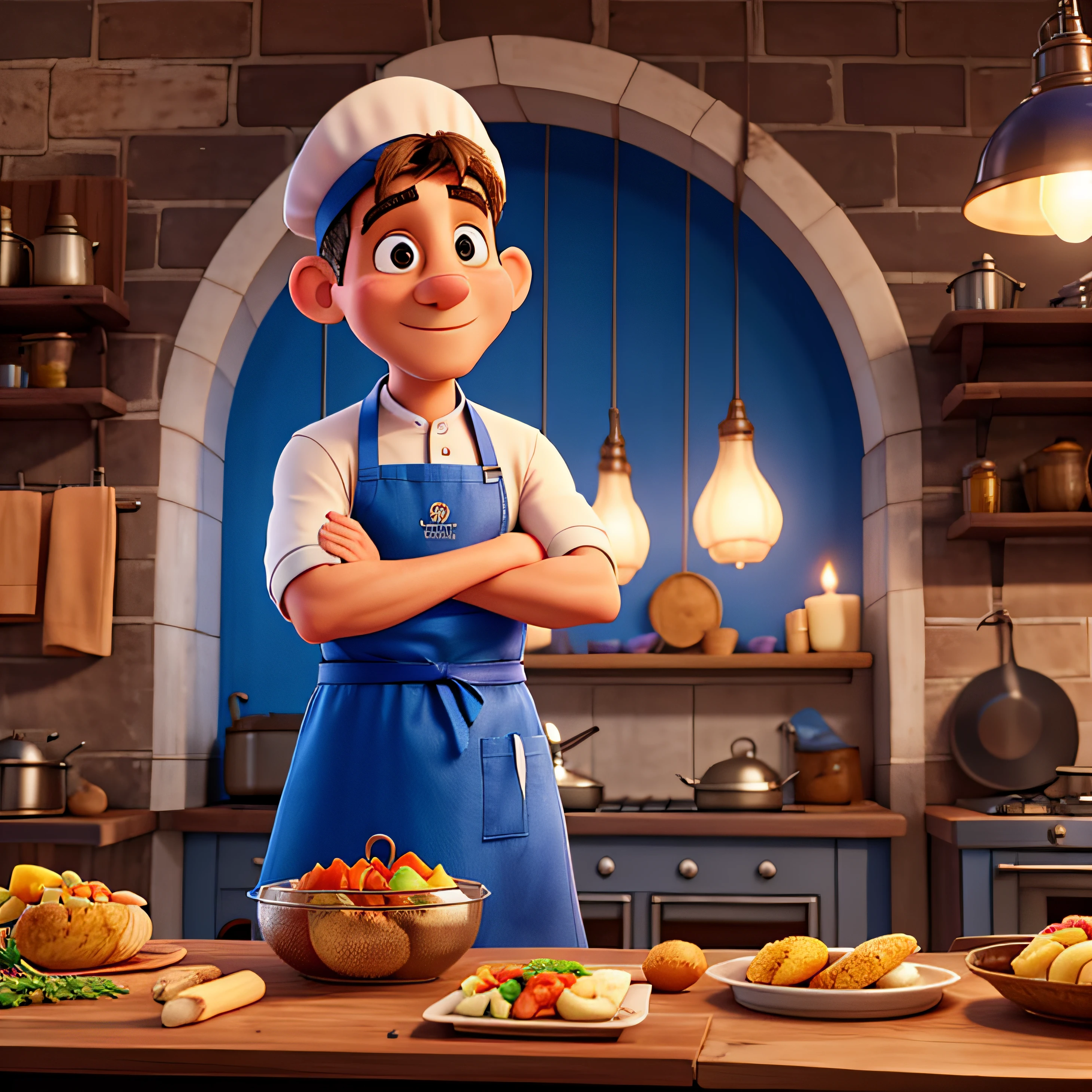 Chef ratatouille com avental Azul usando forno