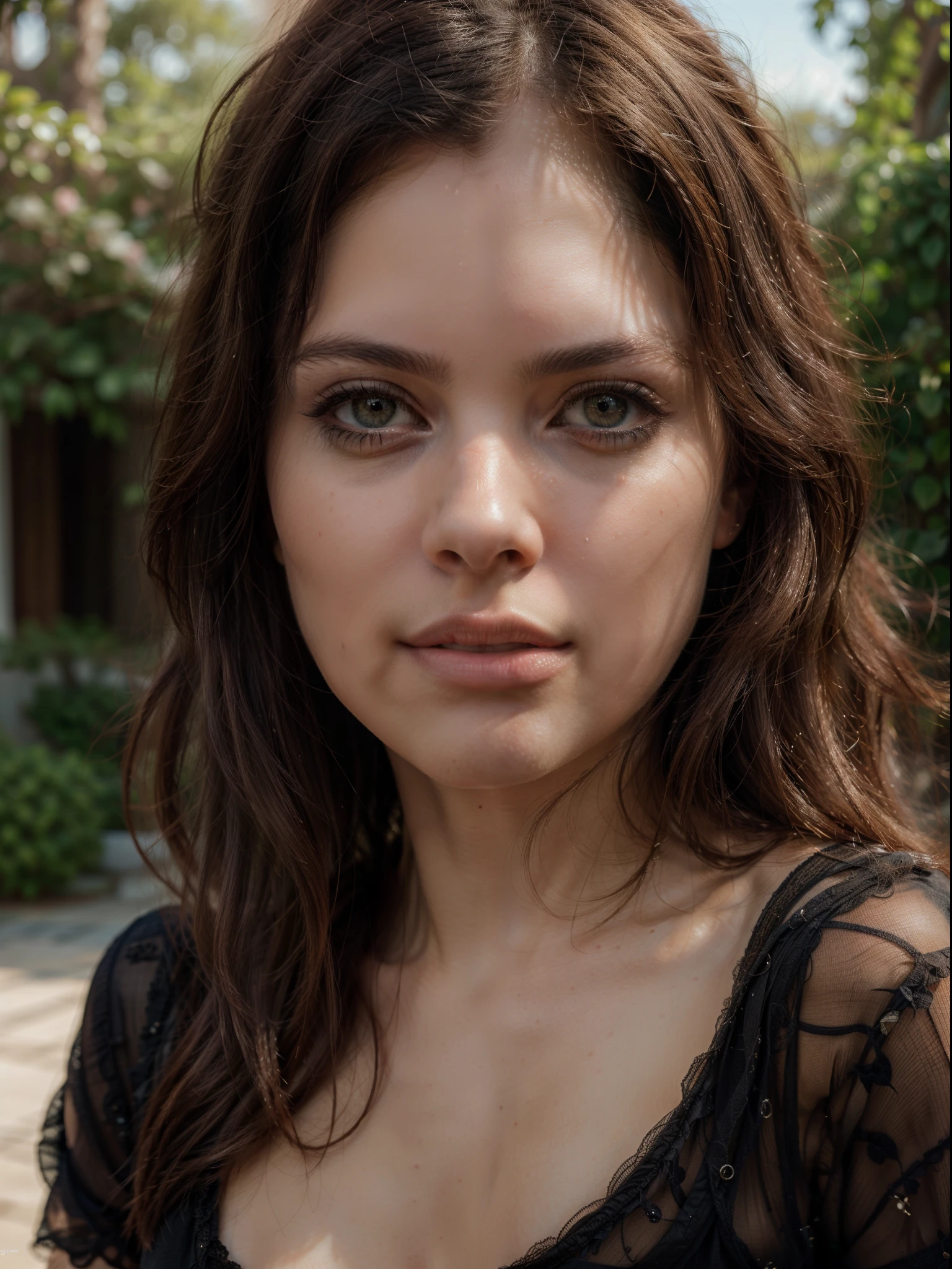 An ultra realistic image of a beautiful woman approximately 20 years old. The image will show a combination of hyperrealistic painting techniques, portrait photography, dramatic lighting and minute details. The focus will be on capturing facial expression and skin details, incluyendo texturas, poros y arrugas sutiles. A palette of soft colors and warm tones will be used to highlight the woman's natural beauty.. Que tenga rasgos faciales similares a Natalie Portman, Gal Gadot, ojos azules, that she is dressed like a goddess, with semi transparent silk fabrics in a garden