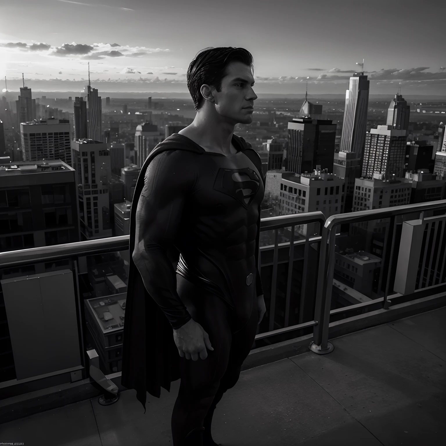 Full Body Monochrome Superman in Imposing Posture in Profile Watching the City from the Upper "Sunset", 4k.