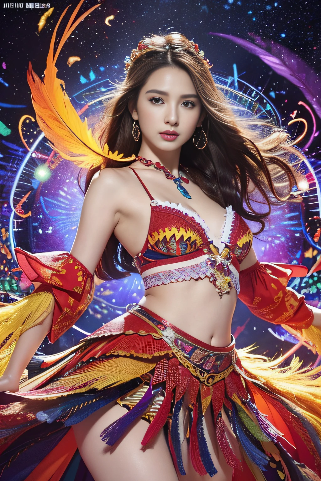 (masterpiece、top-quality)、high resolution details、foco nítido、(Photoreal Stick:1.2)、1girl in、Cowboy Shot、(The beauty of a woman and the beauty of a phoenix feather seamlessly blend:1.1)、(Dancing in a kaleidoscope of bright colors and patterns、The blades react and、、Reflect her movements in a captivating fractal design:1.1)、
