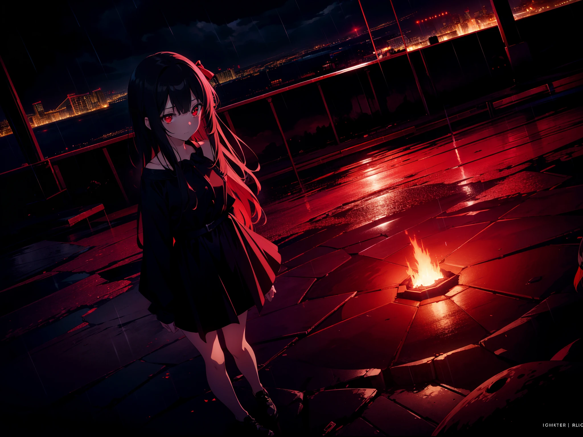 1 girl , cinematic lighting , cinematic angle,Dutch angle,full body,red lighting, standing on blood sea, rain,many ,(looking sky) ,(Faintly emerge from the darkness) , (rape face) ,black long straight hair, hair ribbon , red eyes,black dress, (glowing eyes), horror ,((masterpiece)), ((best quality)), ((ultra-detailed)), (illustration), ((an extremely delicate and beautiful))