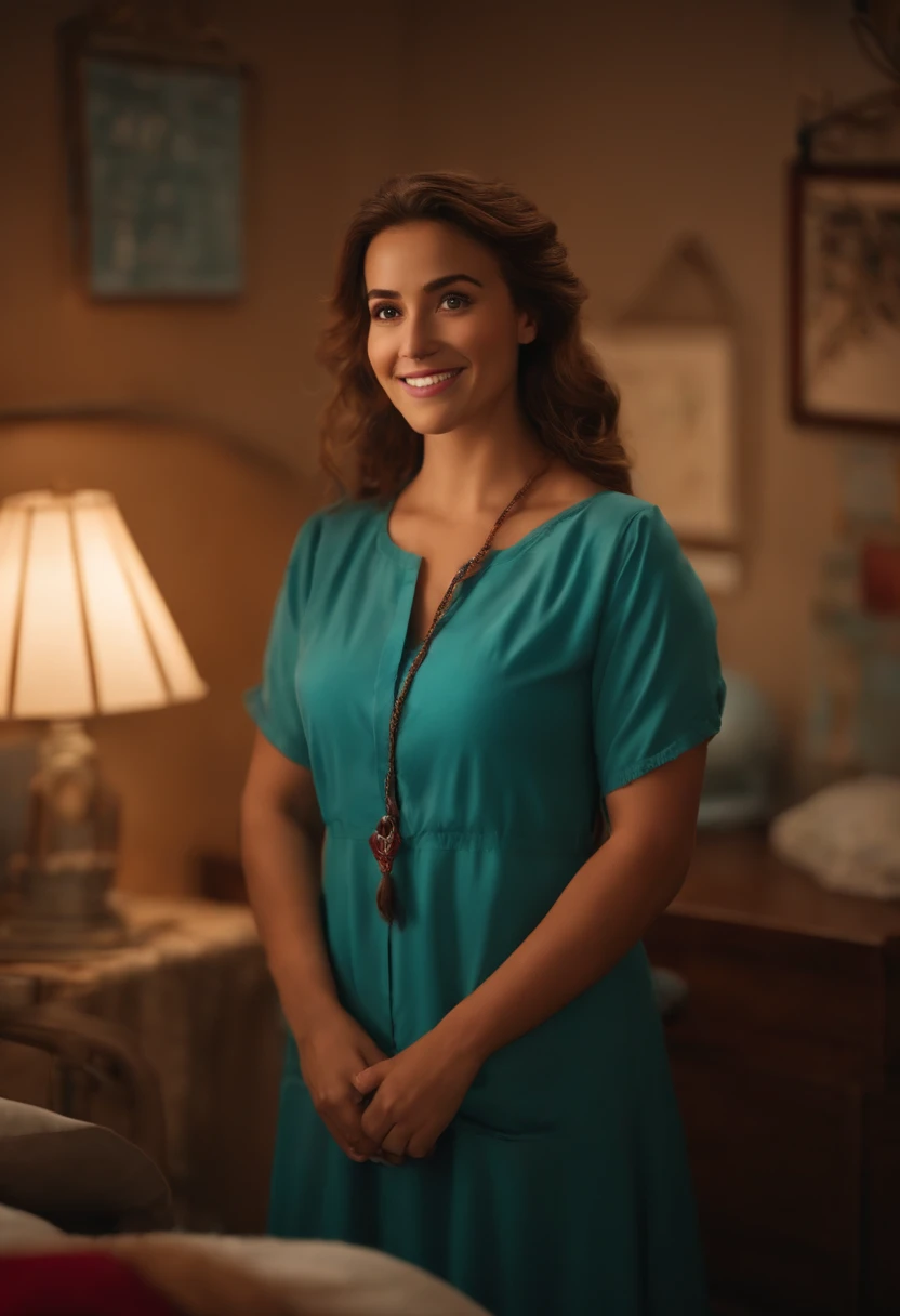 Uma mulher de meia idade estilo disney pixar, alta qualidade, melhor qualidade, usando jaleco, com os cabelos loiros e sorridente, em um quarto de hospital