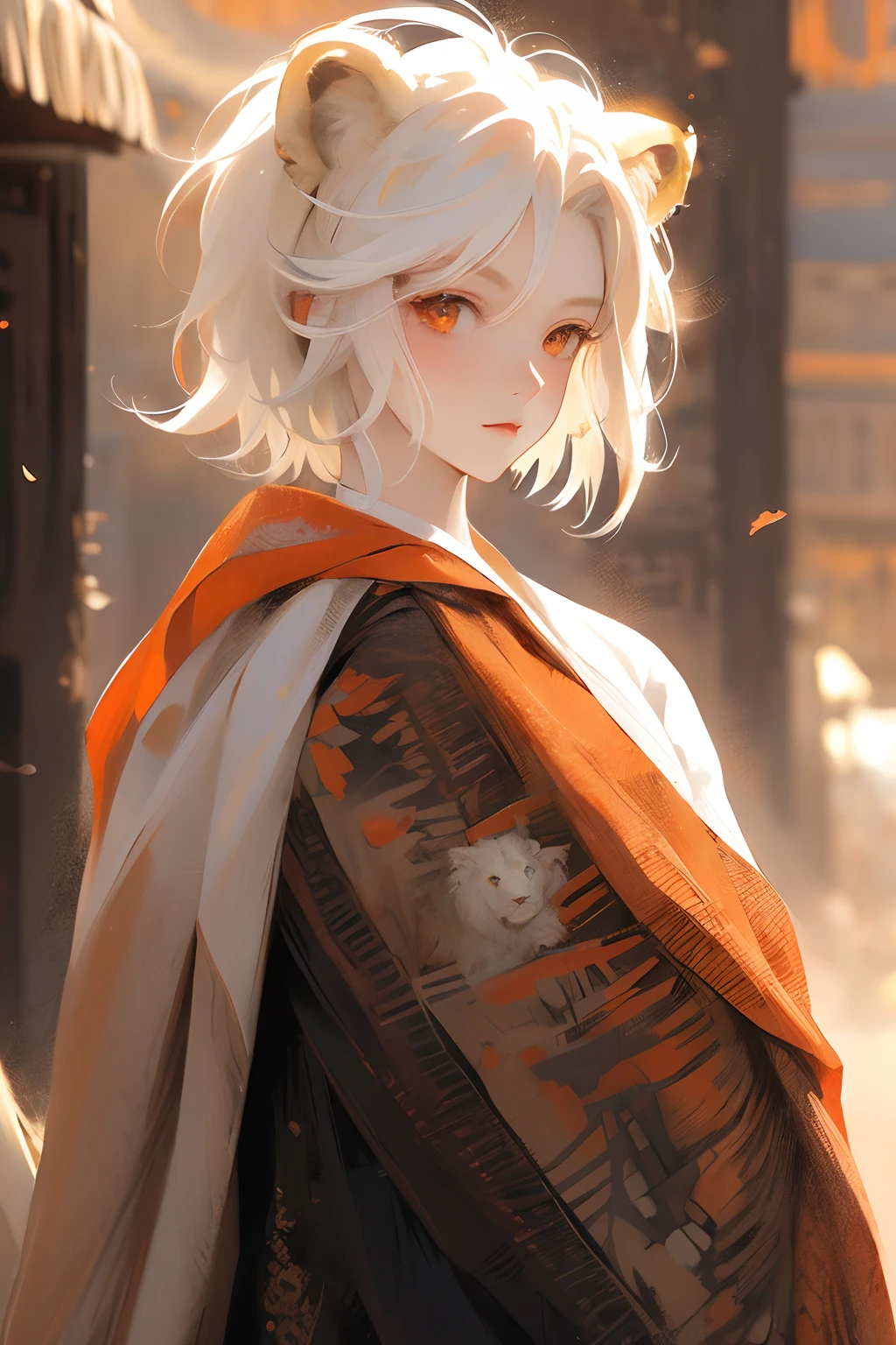 orange eyes, ultra-detailed, white hair, kid, masterpiece, 1girl, short hair, lion ears, white lions background,