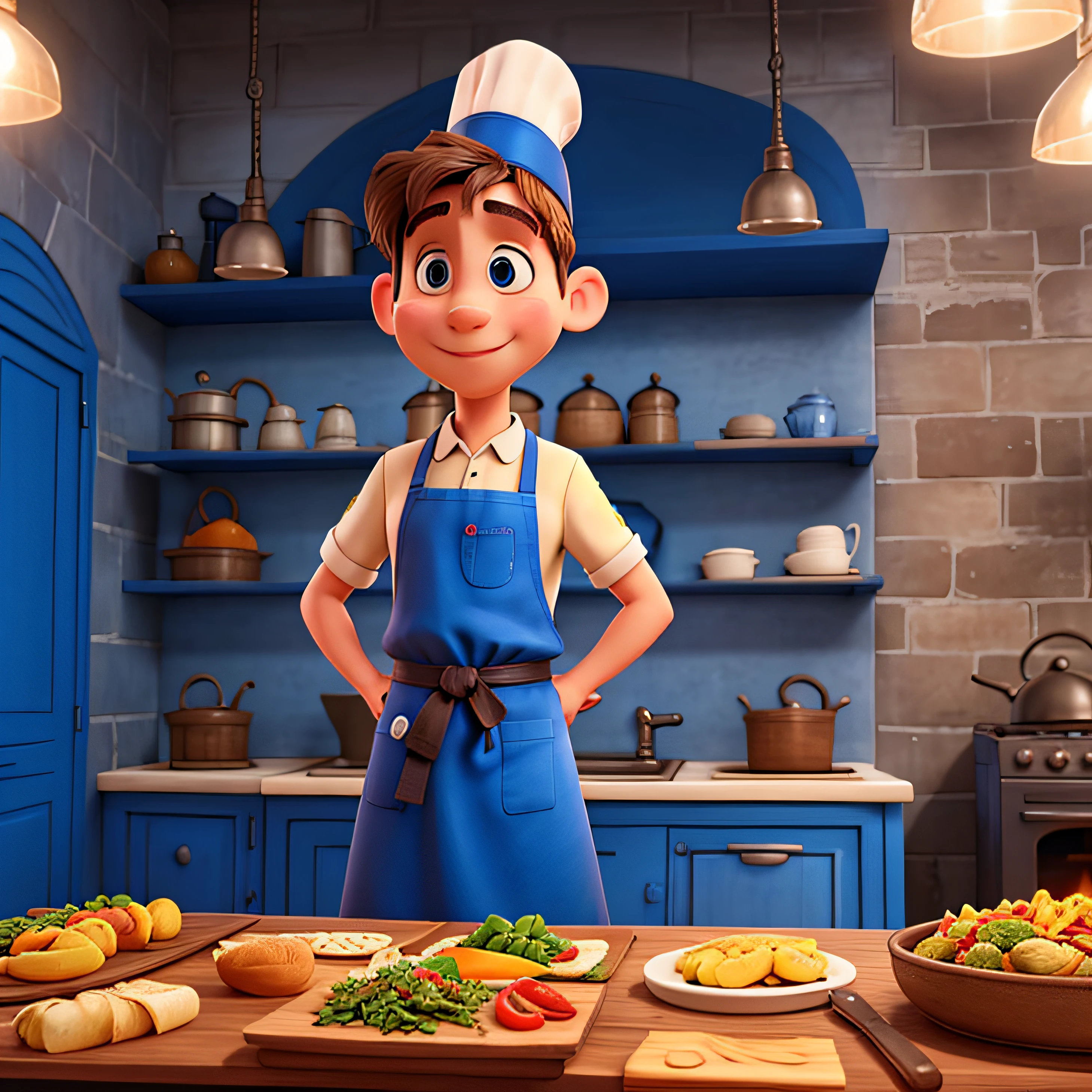 Chef ratatouille com avental Azul usando forno