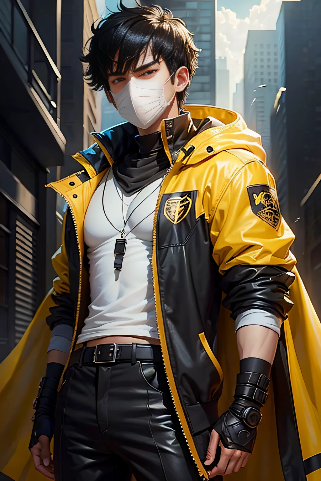 male, yellow jacket, wearing black headset, white mask, black hair, high detailed, kentaro miura style, high quality fanart, very modern anime style