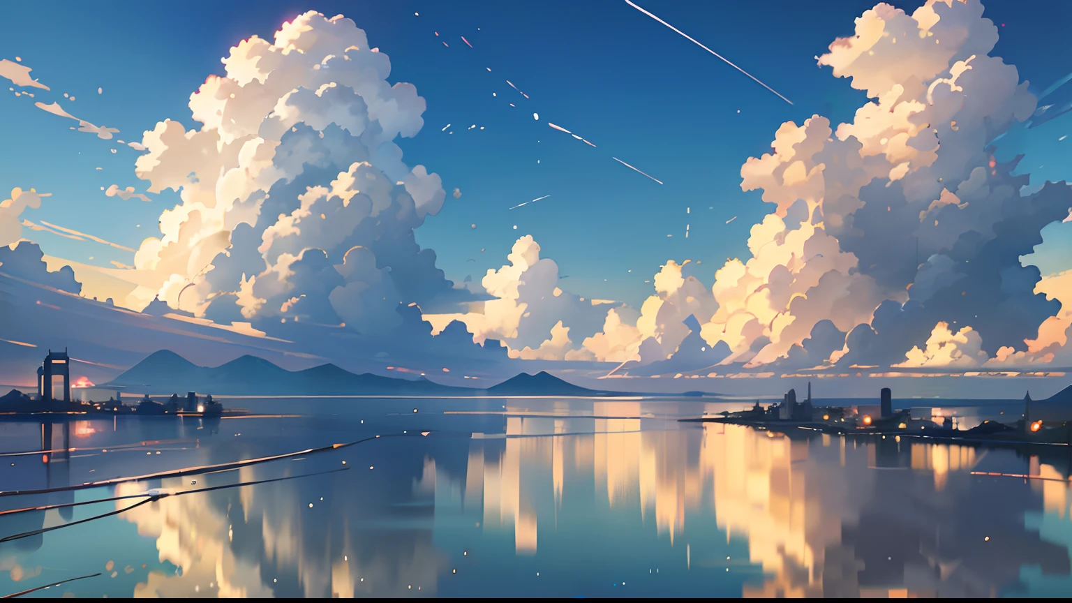 Clouds, concept art, breathtaking views. Lofi art style, reflections. By Makoto Shinkai, Lofi Art, Beautiful Anime Scenes, Anime Scenery, Detailed Scenery
