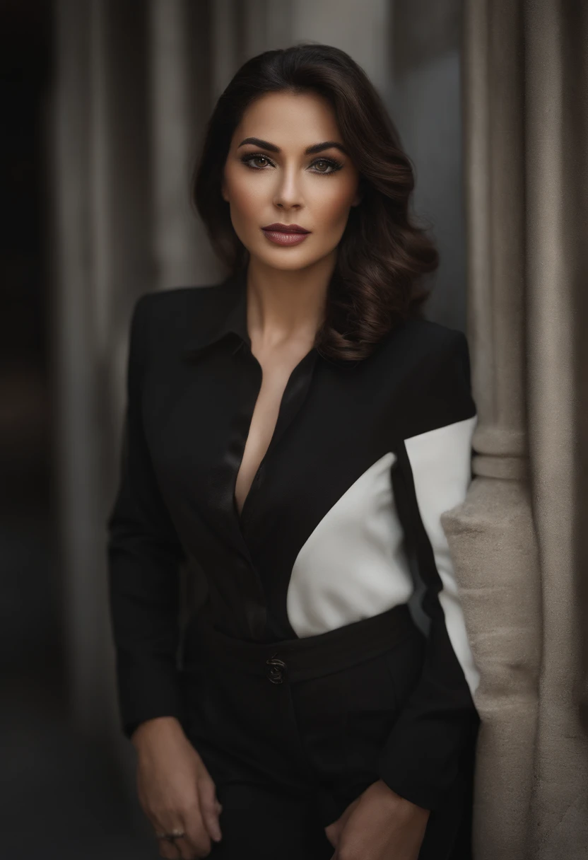 (a beautiful woman, powerful woman:1.1, leader:1.1, hyper-realistic style:1.1), detailed eyes, detailed lips, extremely detailed face, long eyelashes, elegant appearance, confident expression, stylish clothing, standing posture, high-angle view, captivating gaze, rooftop background, bustling cityscape, skyscrapers, vibrant colors, dramatic lighting.
