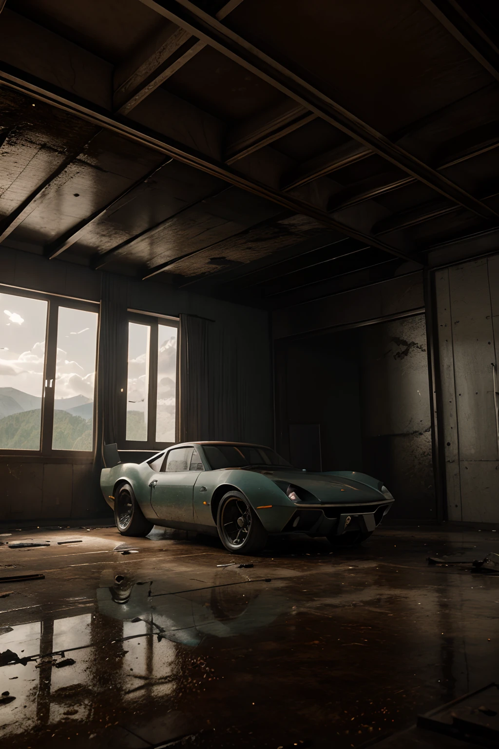 An abandoned concept supercar from the 1960s found in an old barn in the middle of a mountain forest at sunrise with cloudy weather 4k 3d render unreal engine 5 rendered with blender and octane global illumination