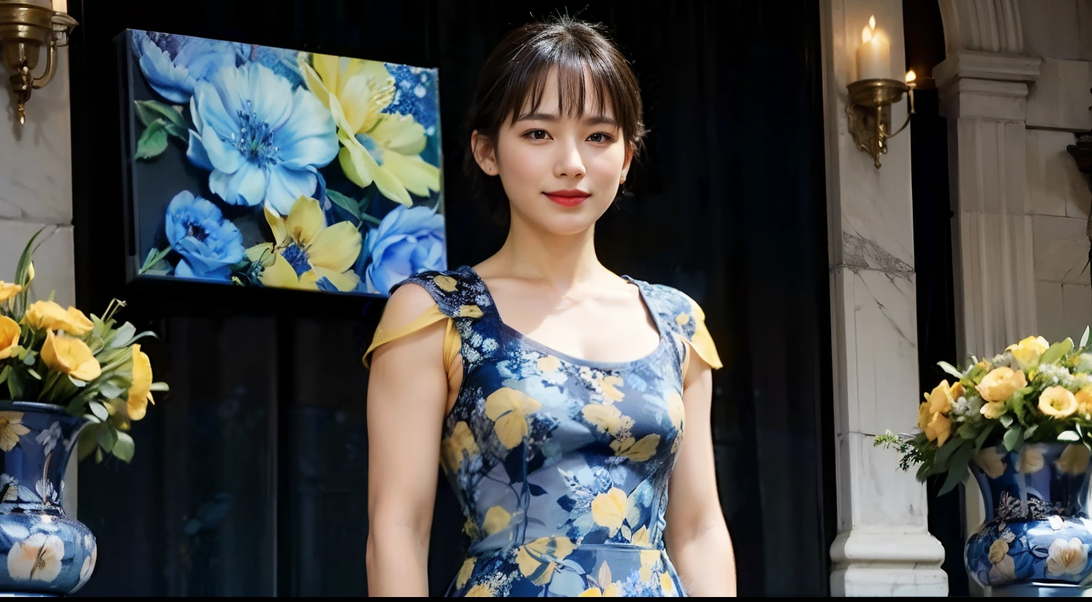 78
(20-year-old princess,is standing), (A hyper-realistic), (masutepiece), ((short-hair:1.46)), (Smooth black hair), (Breast:1.0), (kindly smile:0.9), (Blue and Yellow Floral Dress:1.46), Majestic Palace, Orange Lipstick