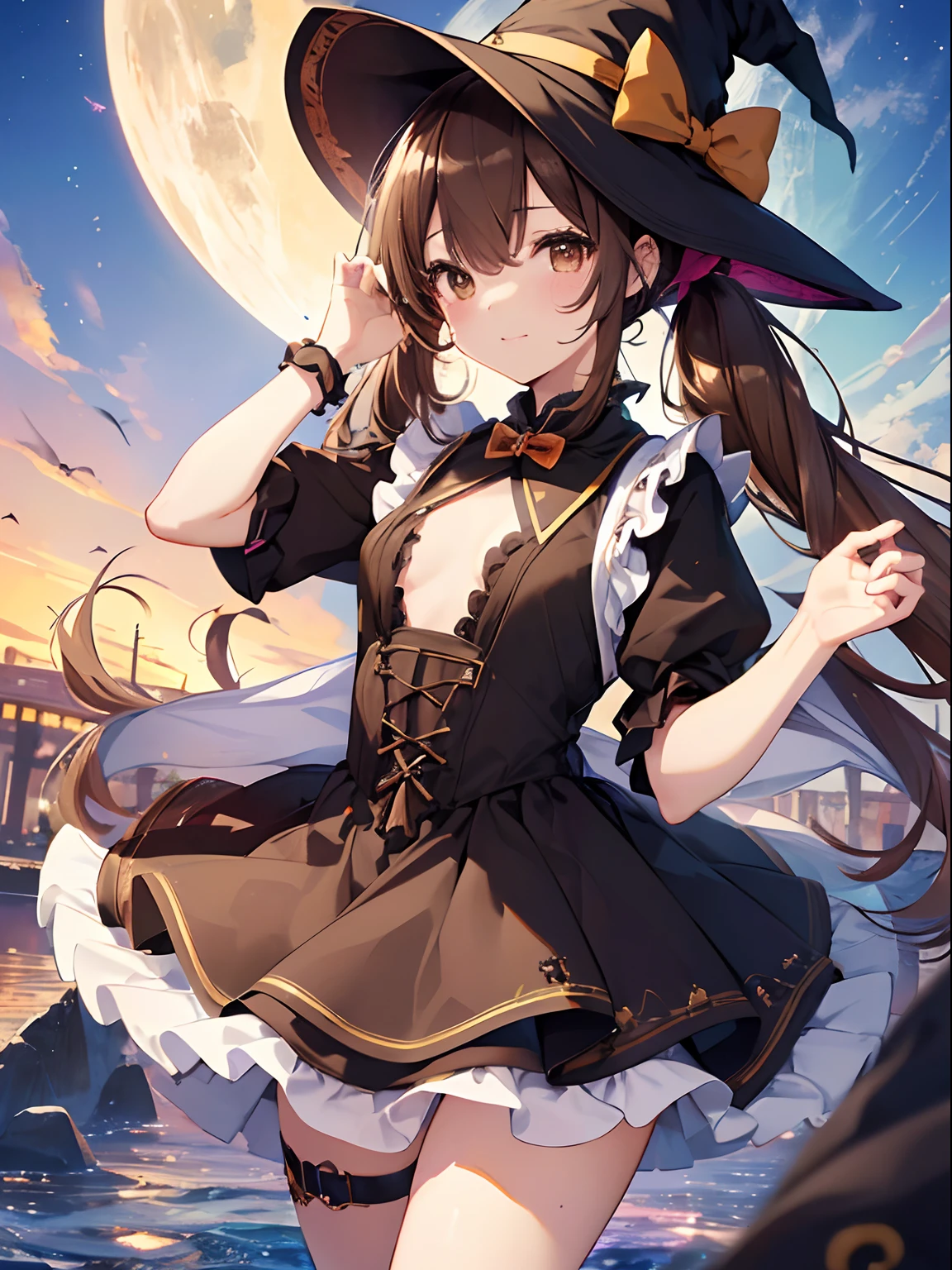 (Highest quality illustrations:1.2), (Kawaii Girl:1.1), (1girl in, 独奏:1.5), (1girl in、ars、childish、One pose、cute little、Neat and clean image、tiny chest:1.5、ultradetailed eyes:1.2)、(small tits,flat breast:1.1)、((Brown-eyed、Brown hair:1.5))、(shorth hair)、hair wavy、curlyhair、bangss、low twintails、short twintails、Happy Halloween、 Halloween Cosplay、sexy pose、Sexy costume、Big Witch Hat BREAK(top-quality、ultra-detailliert、highly detailed and beautiful、超A high resolution、Detailed arm:1.2)、a closeup、bustup, Wink(