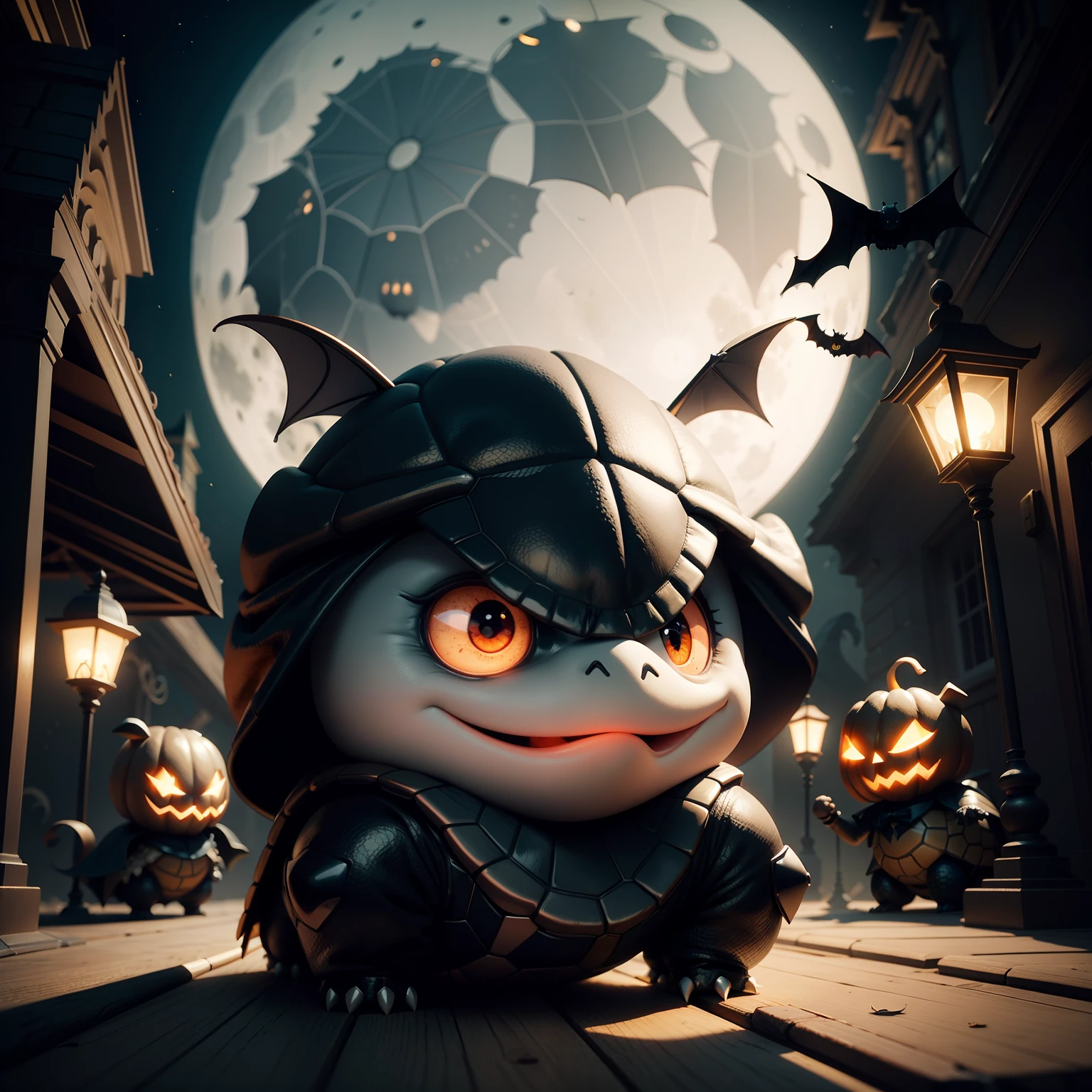 Cute Halloween Turtle，Middle element，（master-piece，bestquality：1.2），Best Lights，best shadows，Show background,  .bat,full big moon, stylized 3d render