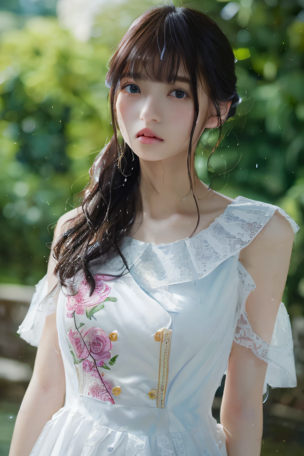 ((top-quality、8K、masuter piece:1.3))、女の子1人、a beautiful slender girl:1.3、(Random hairstyle、huge-breasted:1.2)、Wet clothes:1.2、hyperdetailed face、A detailed eye、二重まぶた、Rose embroidery、Butterfly application、white lace dress、
