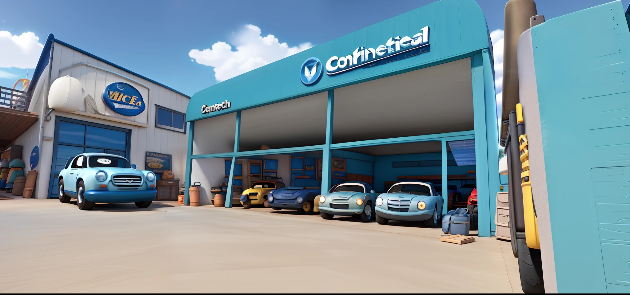 A vehicle shop called CONTINENTAL VEHICLES Disney Pixar style