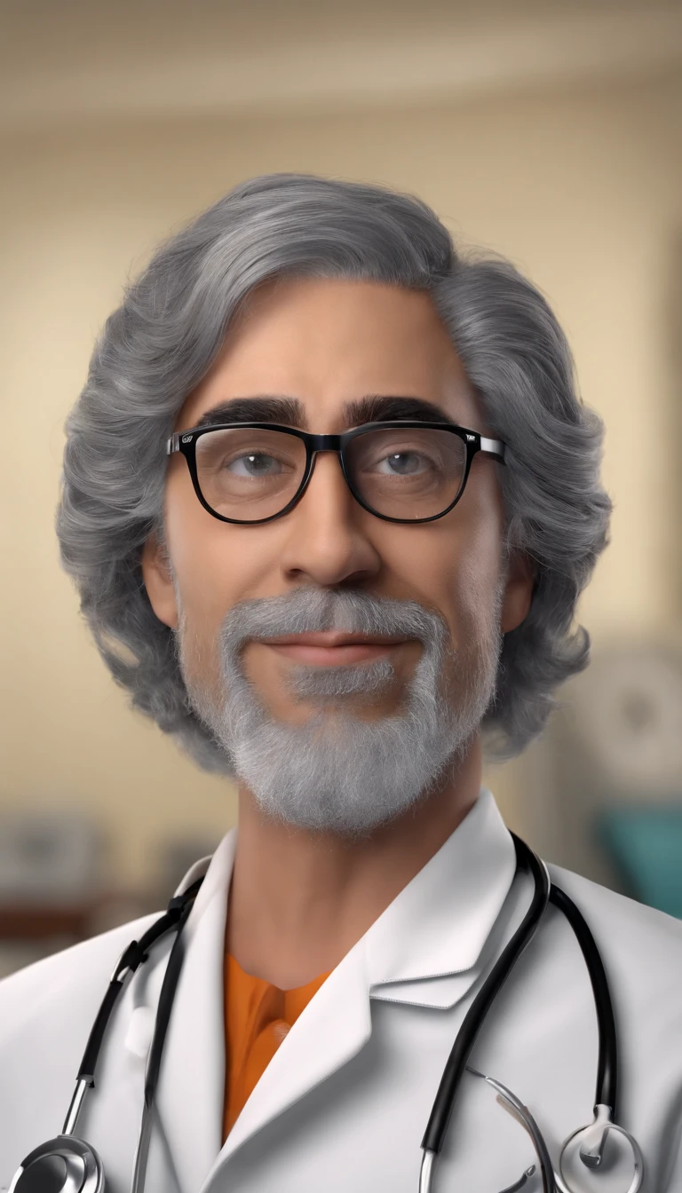 The 40-year-old doctor exudes confidence and expertise as he sits behind his desk, adorned in a crisp white coat and prescription glasses. His gray hair adds a touch of wisdom to his appearance, while the stethoscope around his neck serves as a reminder of his medical prowess. With a stack of papers and a computer at his fingertips, he is ready to tackle any challenge that comes his way, high brightness, good lighting