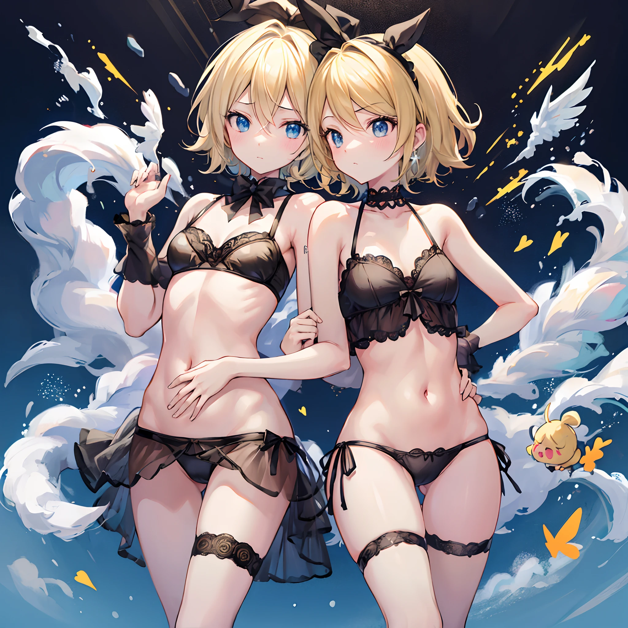 1 chica, Kagamine Rin (Cortina de pelvis: 1.3) Black Sheer Erotic Lingerie, obra maestra, arte oficial, hiperenfoque, Sakimi Zen (mejor calidad: 1), (obra maestra: 1), (Super detail: 1), (Medias: 1.2), 1 chica, Regordeta, avergonzada de mirar a la audiencia, Swelling, small breasts, small breasts, Areola grande, tiro de mezclilla, solamente, fondo simple
