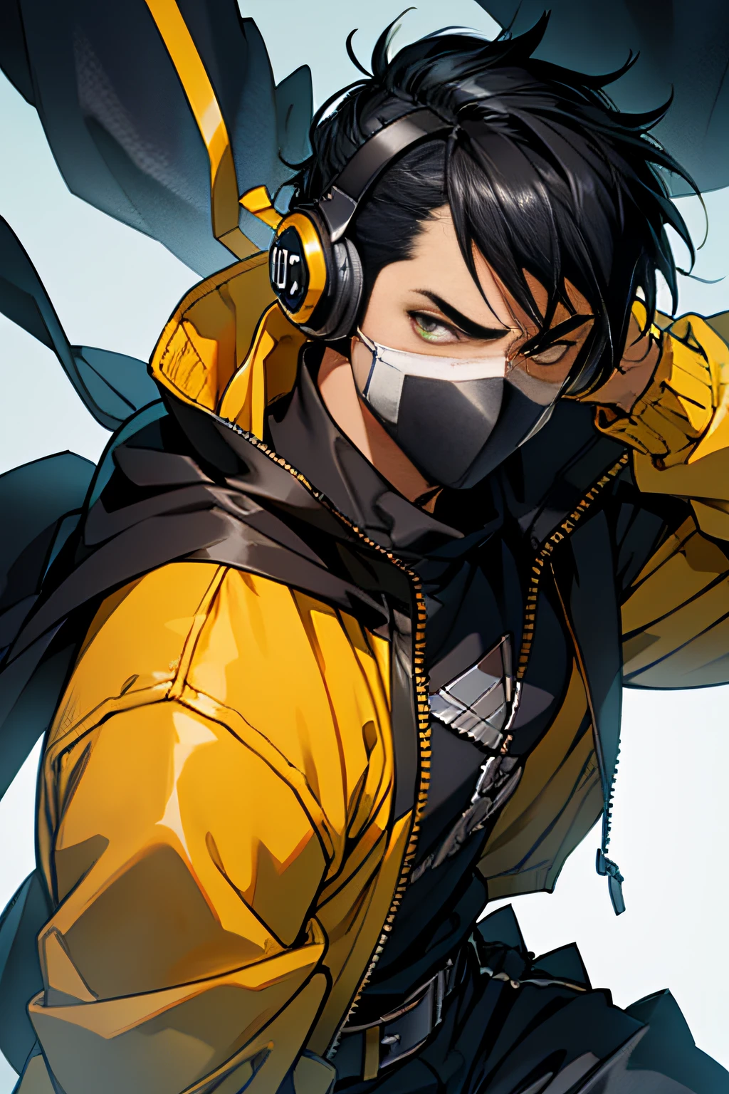 male, yellow jacket, wearing black headset, white mask, black hair, high detailed, kentaro miura style, high quality fanart, very modern anime style