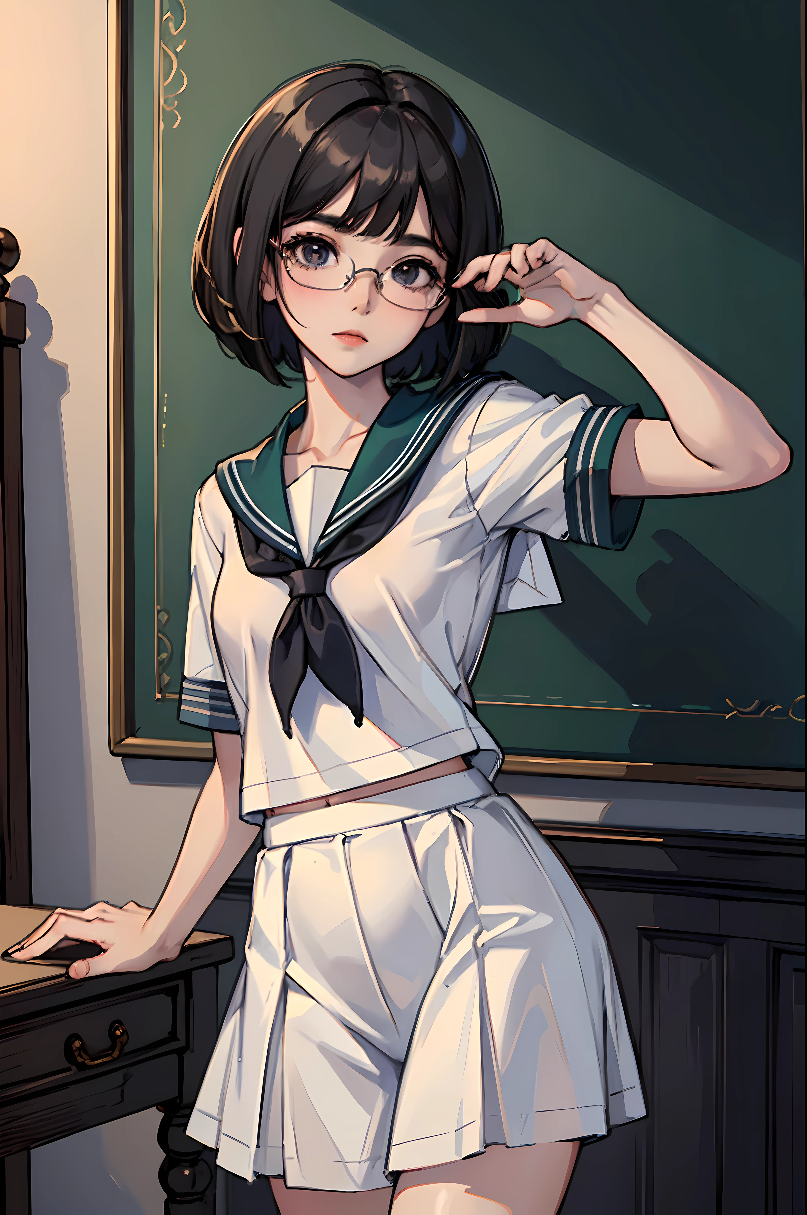 (masterpiece, best quality, smooth skin), 1girl, ((small breasts, solo)), (bobcut, black hair, innocent, glasses, big eyes, cute face, cowboy shot), ((sailor school uniform))