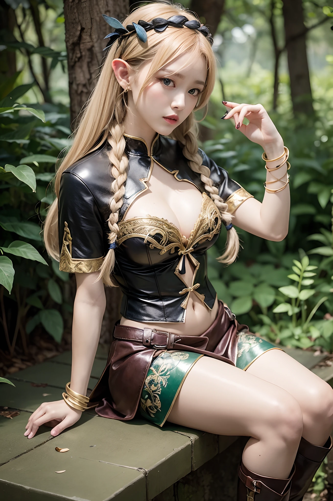 1girl in, elf, Blonde hair, Deep Blue Eyes, Long hair, Bangs cover the forehead, Braids, Soft and shiny hair, Green Ribbon, Floral hair ornament, Calmness, intelligence, kind, Gentle, obstinacy, prideful, Elven Costume, The costume is green and brown、It is made of animal fur and feathers, Light and durable clothing, Short sleeves, Short skirt, leather armor, cleavage, Leather shoes, the bow, forest, Middle Age, Fantasy