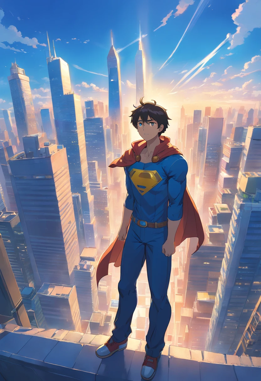 A male superhero standing, olhando para a frente. Ele usa uma roupa azul justa com uma letra C amarela no peito. He also wears a blue cape that floats behind him. Ele tem cabelos pretos curtos e olhos azuis. The background of the image is a modern city, with skyscrapers and other tall buildings. The sky is blue and there's bright sunshine. The superhero is standing on a roof, olhando para a cidade. He has an expression of determination on his face. The style of the image is inspired by Stan Lee's comic books. The characters are iconic, and the narrative is engaging.