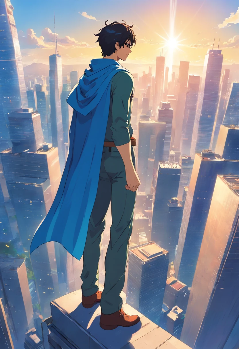 A male superhero standing, olhando para a frente. Ele usa uma roupa azul justa com uma letra C amarela no peito. He also wears a blue cape that floats behind him. Ele tem cabelos pretos curtos e olhos azuis. The background of the image is a modern city, with skyscrapers and other tall buildings. The sky is blue and there's bright sunshine. The superhero is standing on a roof, olhando para a cidade. He has an expression of determination on his face. The style of the image is inspired by Stan Lee's comic books. The characters are iconic, and the narrative is engaging.