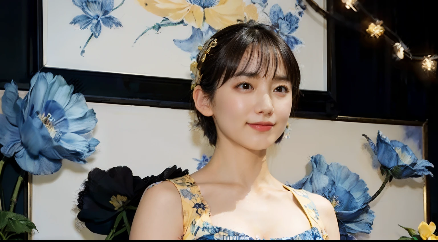 78
(20-year-old princess,is standing), (A hyper-realistic), (masutepiece), ((short-hair:1.46)), (Smooth black hair), (Breast:1.0), (kindly smile:0.9), (Blue and Yellow Floral Dress:1.46), Majestic Palace, Orange Lipstick