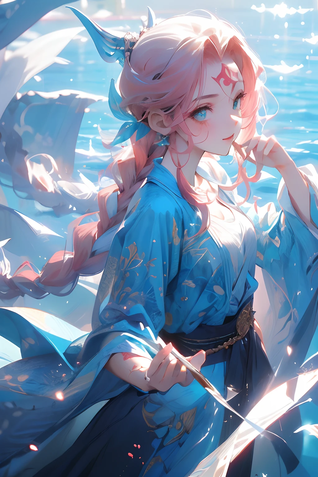 ultra detailed, cyan eyes, beautiful girl, pink hair, best quality, 1girl, long braid hair, fish on her hand, blue sea background, scale tattoo on her forehead