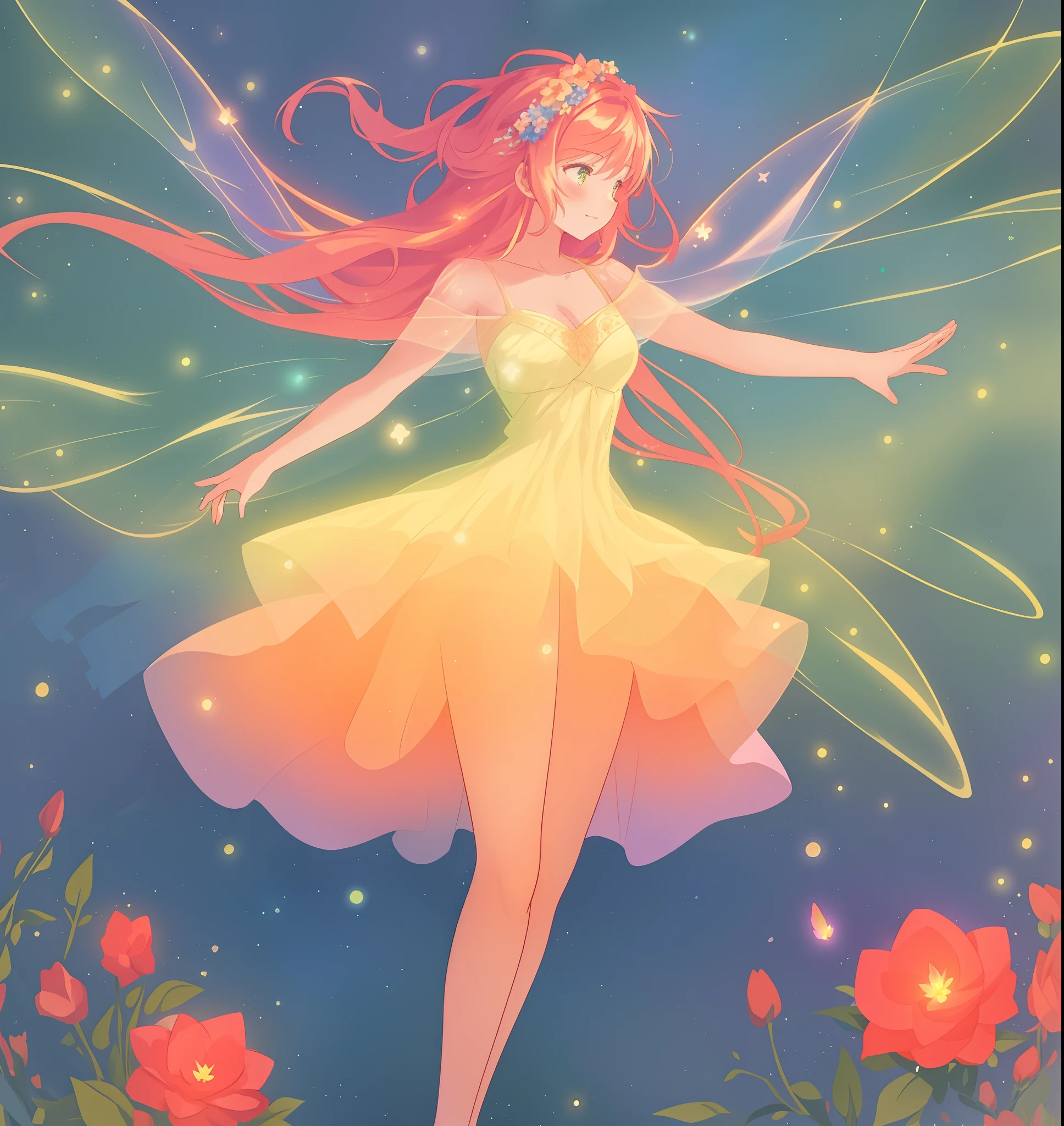 beautiful girl in flowing tiered layered ballgown dress, fairy dress, fairy queen, magical forest background, (glowing fairy wings), glowing flowing ballgown, long wavy hair, sparkling fairy wings, watercolor illustration, flowers and colorful plants, inspired by Glen Keane, inspired by Lois van Baarle, disney art style, by Lois van Baarle, glowing aura around her, by Glen Keane, jen bartel, glowing lights! digital painting, flowing glowing hair, glowing flowing hair, beautiful digital illustration, fantasia otherworldly landscape plants flowers, beautiful, masterpiece, best quality, anime disney style