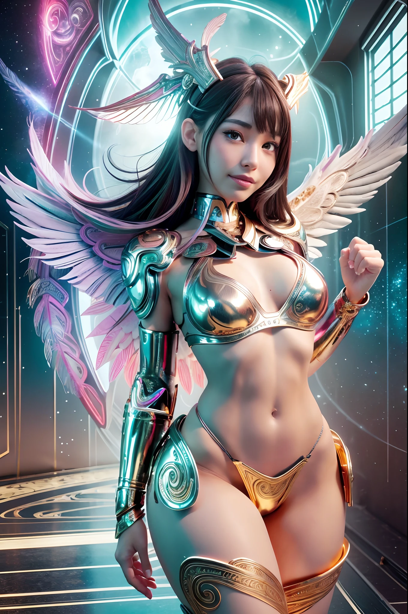 cyborg, girl, beautiful girl, cute, sexy, strong, slender, delicate, smile, bikini, high leg, metallic, ultra-colored, paisley, headgear, mandala, near future, heaven, angel, feather, wing, spiral light