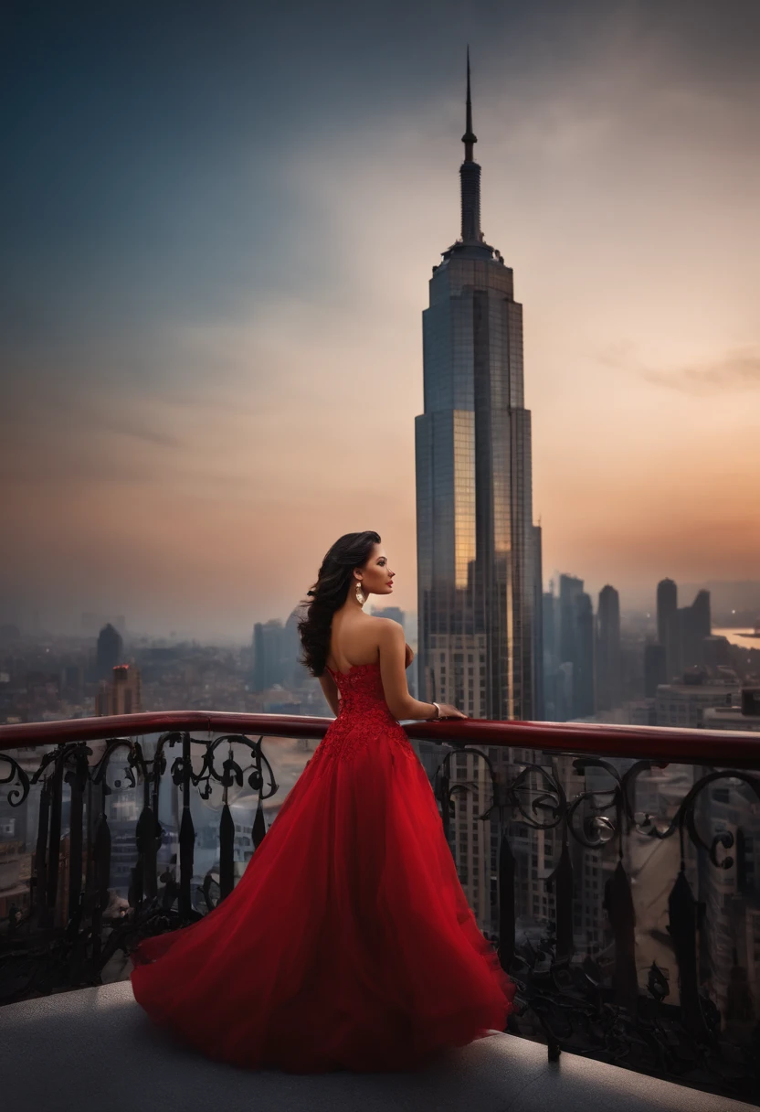 (a beautiful woman, powerful woman, leader),(hyper realistic style),(observing a big city from the top of a building),(detailed eyes, detailed lips, expressive face),(long eyelashes),(black hair, elegant appearance),(confident posture),(urban landscape, skyscrapers, bustling streets),(city lights, vibrant colors),(impressive view, panoramic perspective)