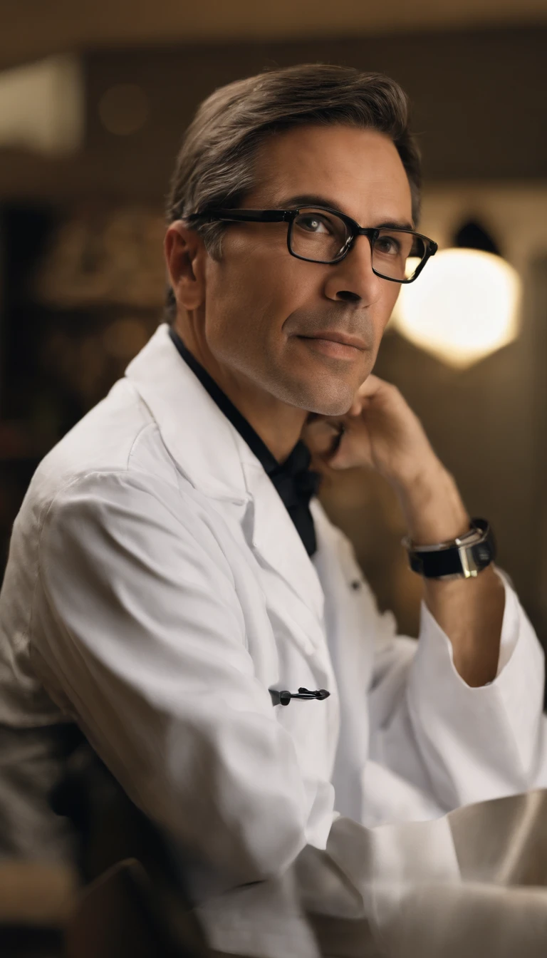 A seasoned 40-year-old doctor sits behind his medical table, his prescription glasses adding a touch of sophistication to his appearance. His white coat and stethoscope are a symbol of his dedication to his patients, while his gray hair hints at his years of experience.
