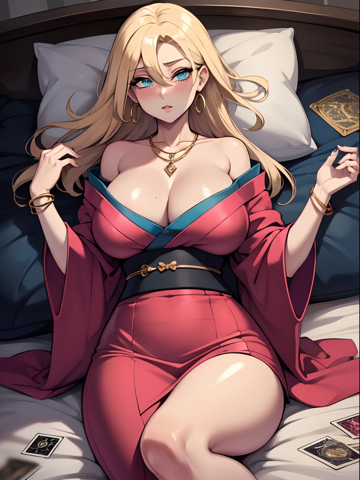 (one female: 1.5), wearing pink patterned kimono, very long blonde hair, messy hair, beautiful blue eyes, showing cleavage, lying on bed alone, alone (SOLO: 1.5),(ALONE: 1.5), large chest, curvy, blushing, beautiful detailed eyes, perfect hands, perfect body, (knife: 1.3), (tarot cards on bed: 1.3), shiny skin, bare legs, boobs, gold jewelery, bracelets, earrings, delicate necklace, open legs