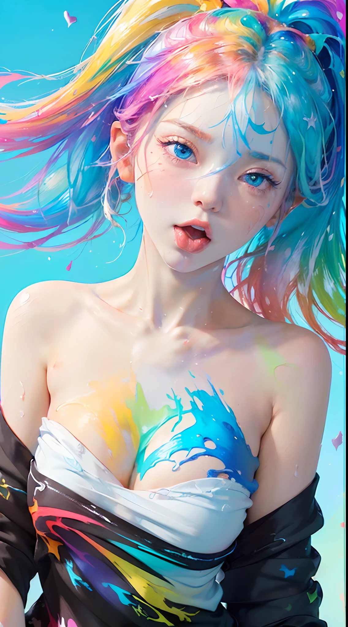 (NSFW),(Pink Fashion T-shirt:1.9),(Colorful hair: 1.8), (all the colours of the rainbow: 1.8),(((((vertical painting:1.6))), (painting:1.6),front, comics, illustrations, paintings, large eyes, crystal clear eyes,( rainbow color gradient high ponytail:1.7), exquisite makeup, (Small Fresh: 1.5),(Wipe Chest: 1.6) ,long eyelashes, white off shoulder T-shirt, White Shoulder Shirt,looking at the audience, large watery eyes, (rainbow colored hair:1.6), color splash, color splash, color explosion, thick paint style, messy lines, ((shining)),(colorful), (colorful), (colorful), colorful, Thick Paint Style, (Splash) (Color Splash), Vertical Painting, Upper Body, Paint Splash, Acrylic Pigment, Gradient, Paint, Highest Image Quality, Highest Quality, Masterpiece, Depth of Field, Face Paint, colorful clothes, (Elegant: 1.2), gorgeous,long hair, wind, (Elegant: 1.3), (Petals: 1.4),(((masterpiece))),(((best quality))),((ultra-detailed)),(illustration),(dynamic angle),((floating)),(paint),((disheveled hair)) , (((detailed anime face))),((beautiful detailed face)),collar,bare shoulders,white hair, ((colorful hair)),((streaked hair)),beautiful detailed eyes,(Gradient color eyes),(((colorful eyes))),(((colorful background))),(((high saturation))),(((surrounded by colorful splashes))),
a man's penis bulge, (lickingoral),