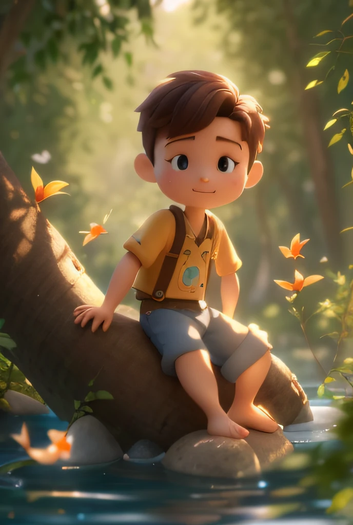 Image of a boy sitting on a branch in a river, lovely digital painting, childrens art in artstation, cute 3 d render, Cute detailed digital art, Cute cartoon character, adorable digital art, 3 d render stylized, animation style render, stylized 3d render, 3 D rendering character art 8 K, cute character, animated still