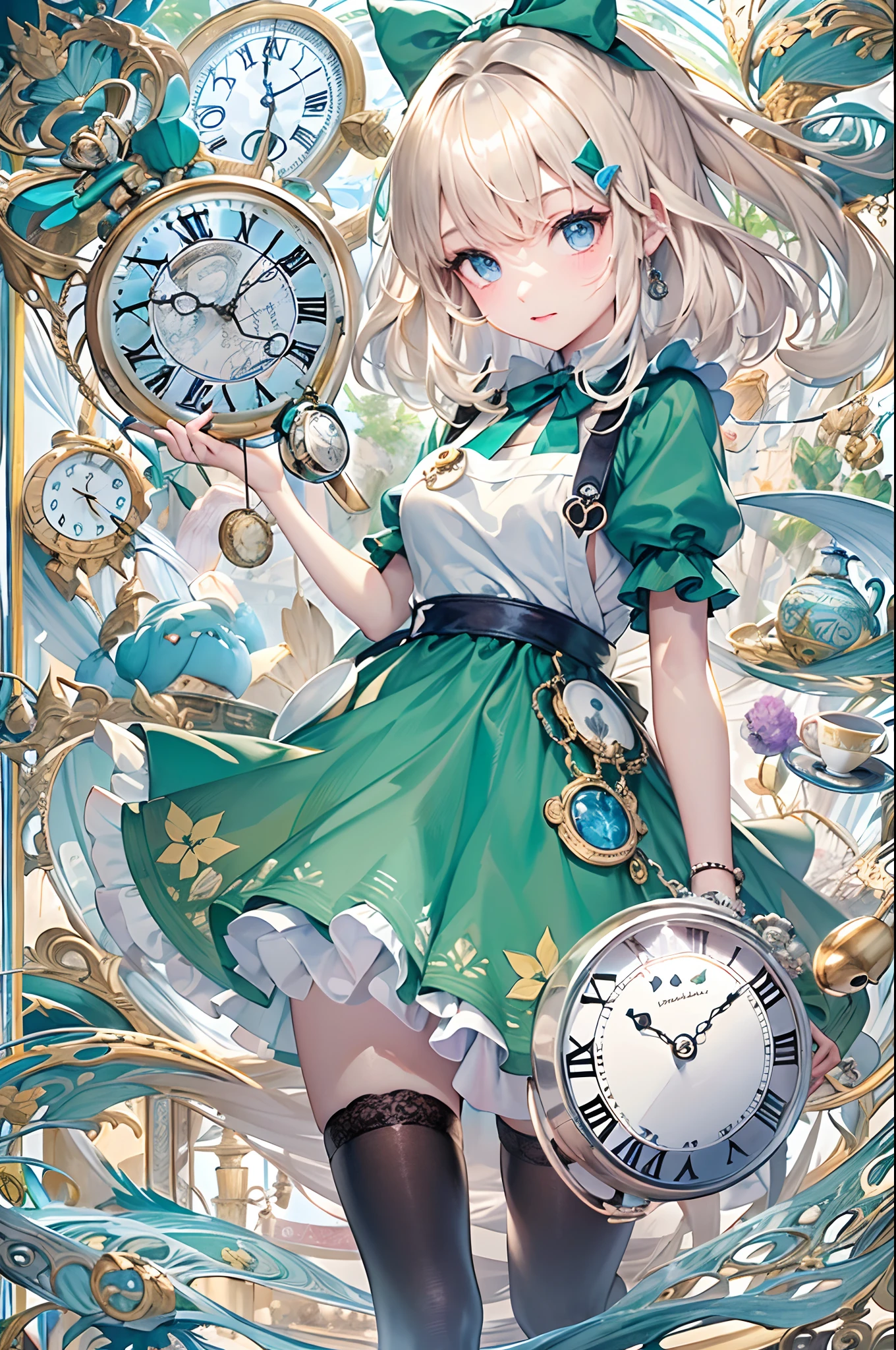 Anime girl in green dress holding a clock and a clock - SeaArt AI