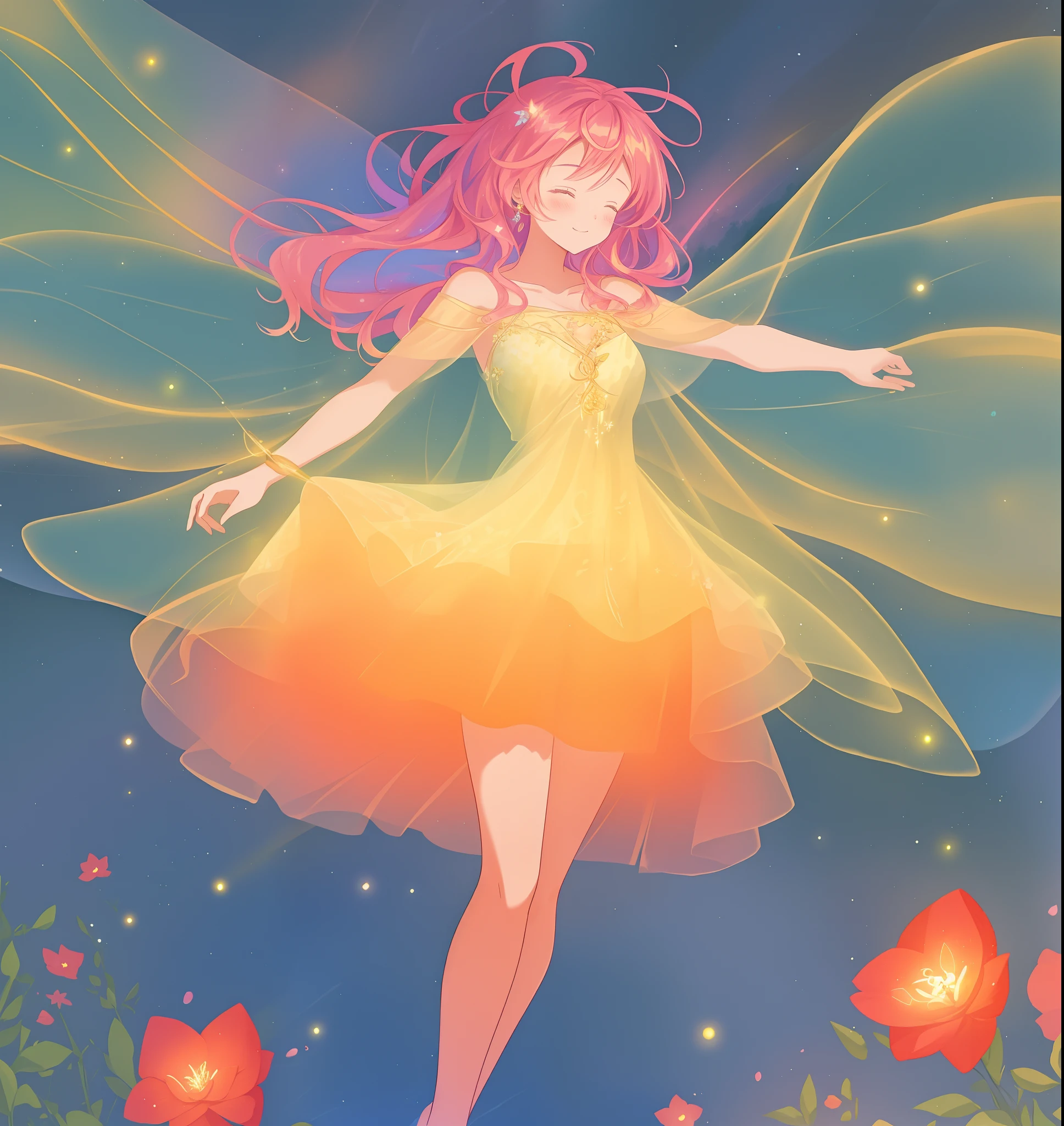 beautiful girl in flowing tiered layered ballgown dress, fairy dress, fairy queen, magical forest background, (glowing fairy wings), glowing flowing ballgown, long wavy hair, sparkling fairy wings, watercolor illustration, flowers and colorful plants, inspired by Glen Keane, inspired by Lois van Baarle, disney art style, by Lois van Baarle, glowing aura around her, by Glen Keane, jen bartel, glowing lights! digital painting, flowing glowing hair, glowing flowing hair, beautiful digital illustration, fantasia otherworldly landscape plants flowers, beautiful, masterpiece, best quality, anime disney style