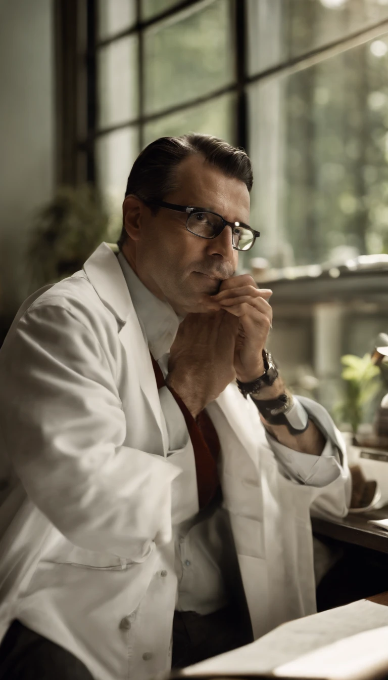 With his prescription glasses perched on his nose, the 40-year-old doctor sits confidently behind his sleek medical table, ready to tackle any medical challenge that comes his way. His white coat and stethoscope are a testament to his years of hard work and dedication.