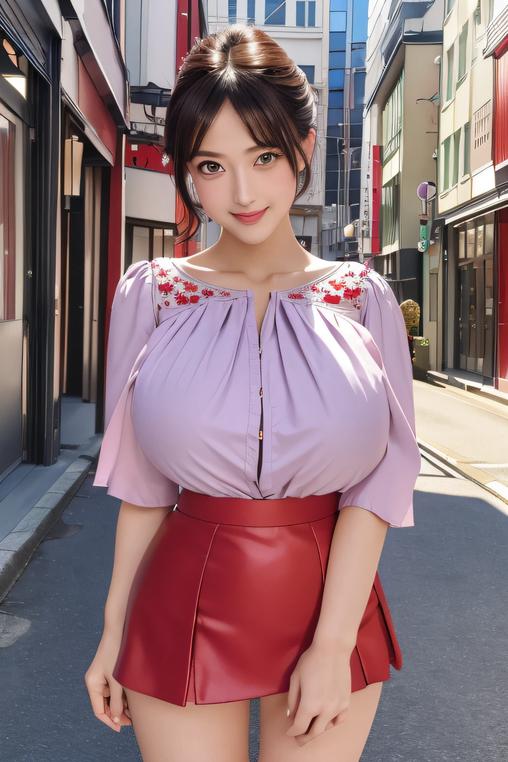 (The Ultimate Beautiful Japan Married Woman), 50 generations、hyperdetailed face, detailed brown eyes, (big eye:1.4), Double eyelids, Detail Lip, (grin)、cparted lips, red blush, a captivating gaze、short-haired black-haired, (Light purple fancy blouse:1.2), (Red tight mini skirt:1.4), Light pink panties, (Colossal tits:1.3), thighs thighs thighs thighs, Perfect litthing, (Photorealsitic:1.4), (ultra-detailliert), (top-quality), (Best Shadows), (masterpiece), Ultra High Resolution, Background with: (Street Tree Street)