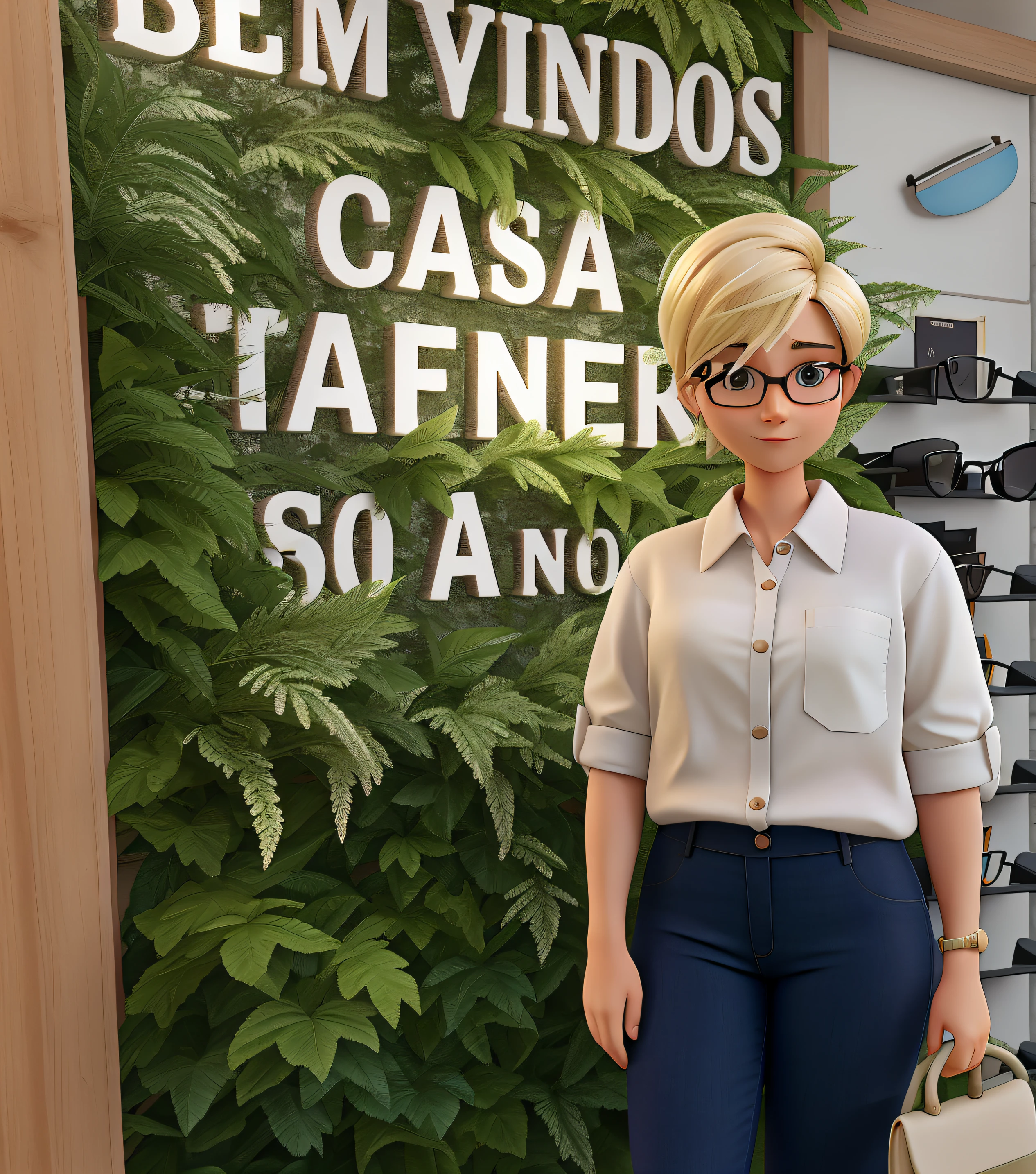 blonde woman with short hair and glasses well dressed