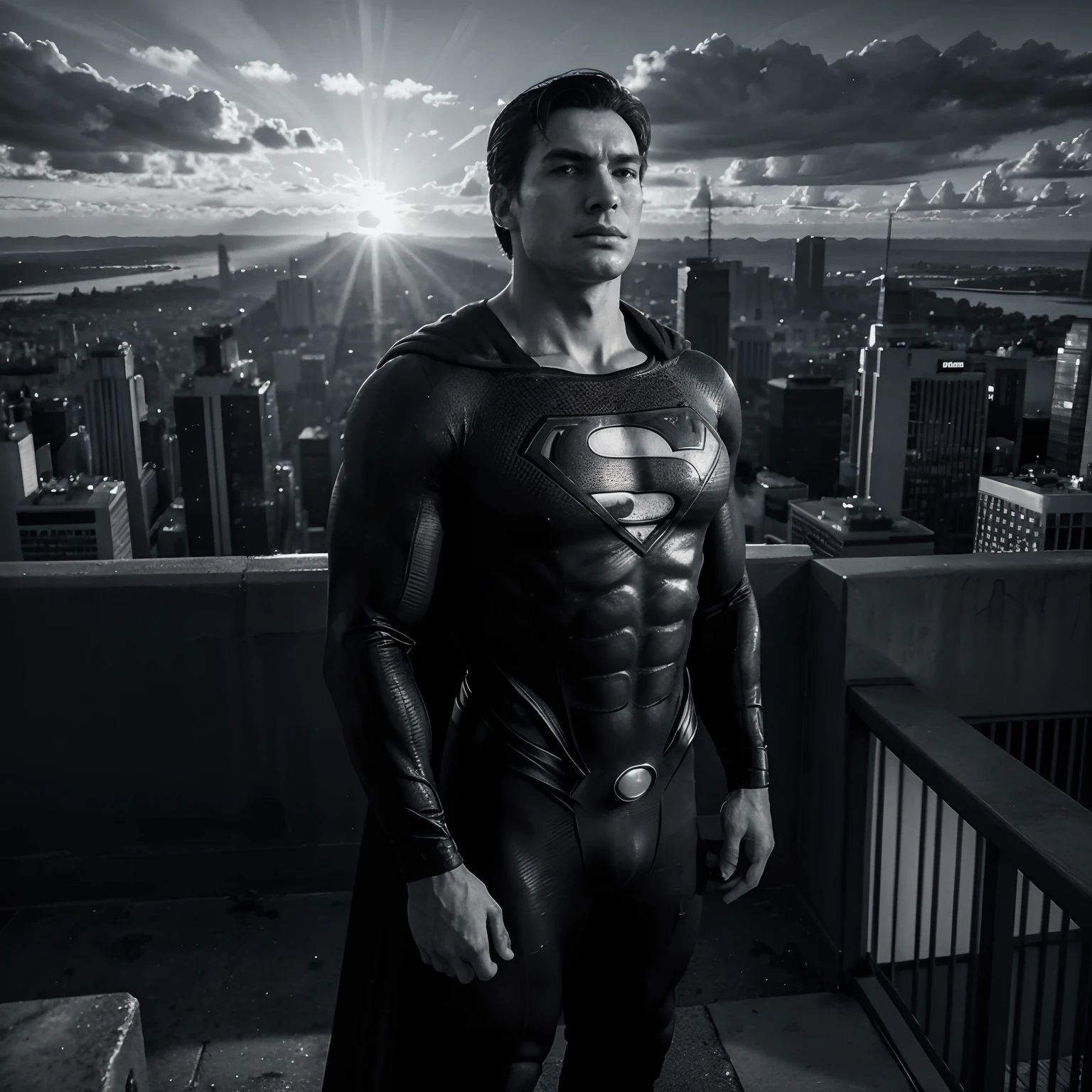 Full-body monochrome Superman in imposing posture in profile watching the city from above "sun sunset", 4k.