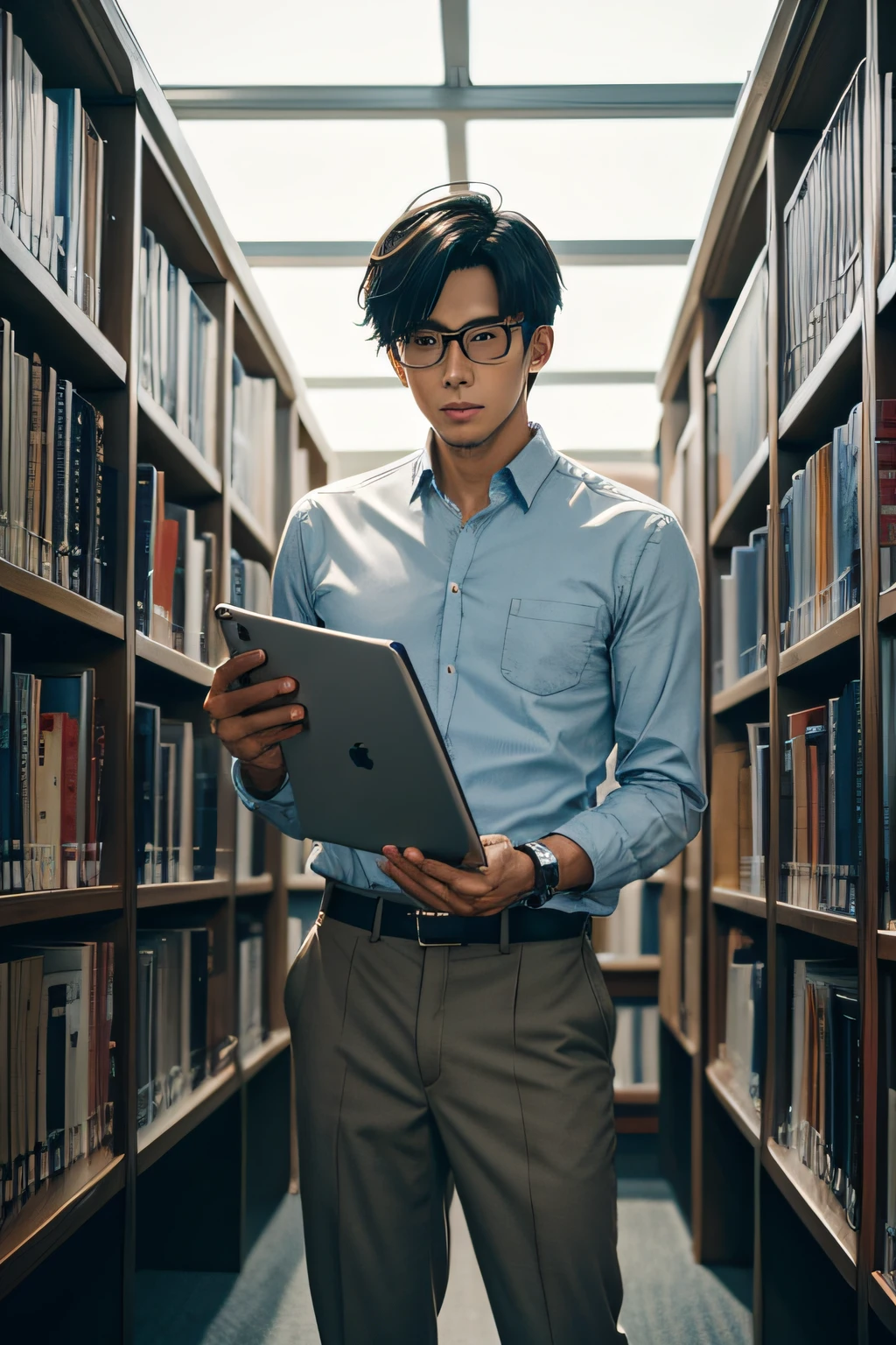 Manga of a man in a library who looks well at the lens