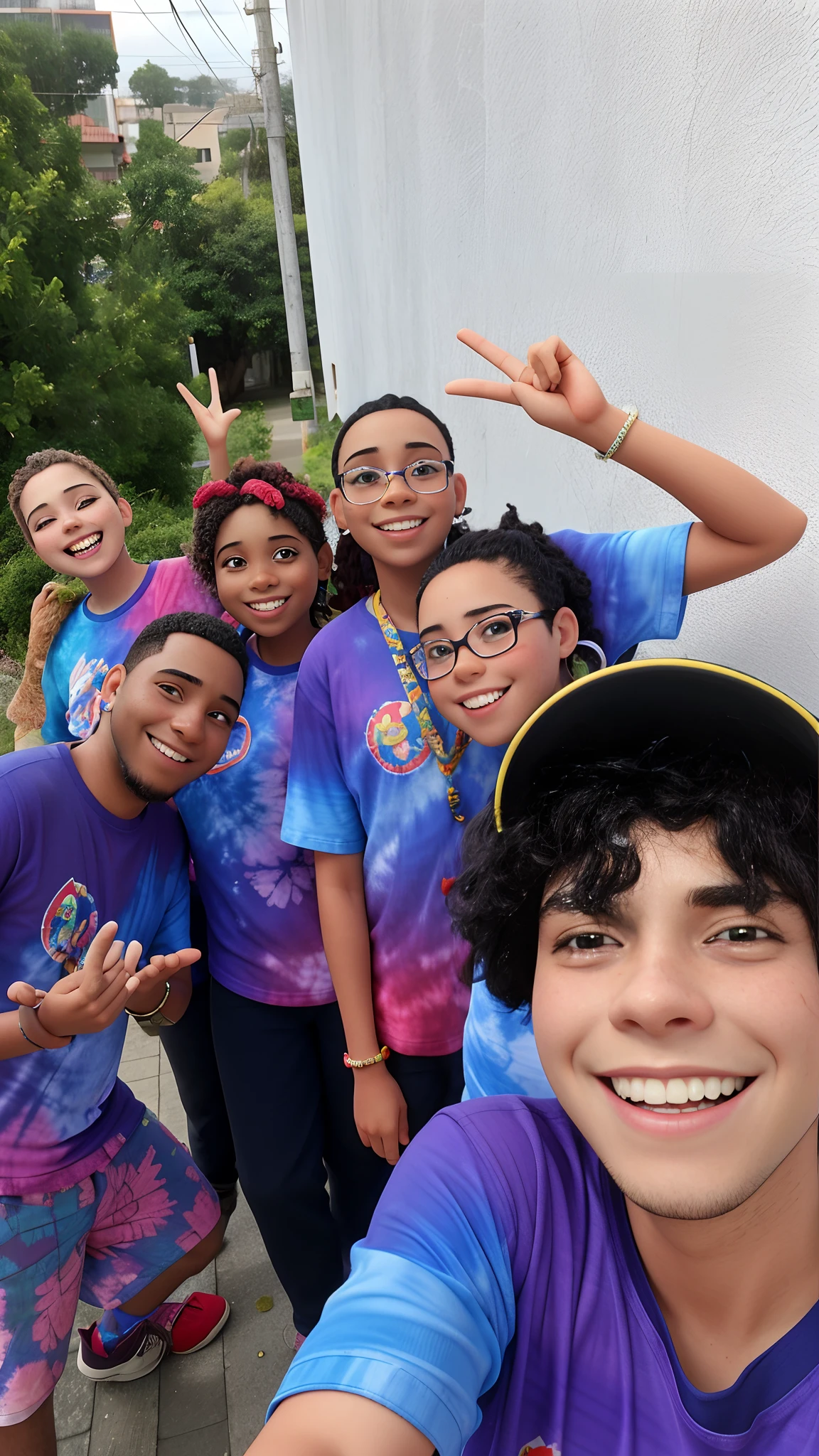 Smiling group of young people posing for a photo in front of a building, divertindo-se, sorrisos e cores, vestindo uma camiseta tie-dye, com rostos molhados!!, Positive and fun vibes, grupos de humanos felizes, smiling at camera, posar para uma foto, taken with the best dlsr camera, vestindo uma camisa tie-dye, non blurry, Estilo Disney Pixar