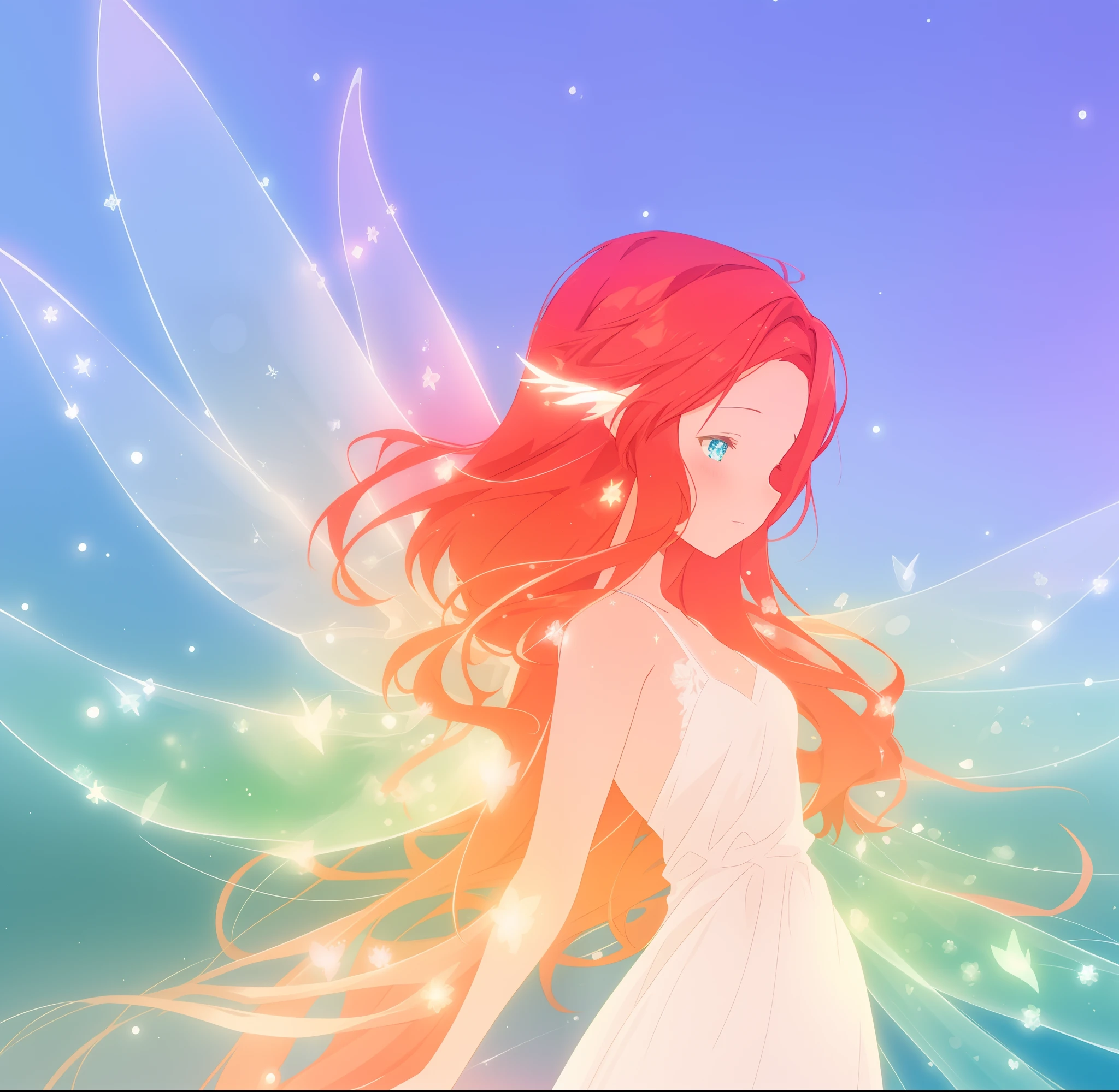 beautiful fairy girl in flowing white fairy gown, fairy dress, ((fairy queen)), (glowing fairy wings), long red hair, ((sparkling fairy wings)), regal queen, fairy queen, watercolor illustration, inspired by Glen Keane, inspired by Lois van Baarle, disney art style, by Lois van Baarle, glowing aura around her, by Glen Keane, jen bartel, glowing lights! digital painting, flowing glowing hair, glowing flowing hair, beautiful digital illustration, fantasia otherworldly landscape plants flowers, beautiful, masterpiece, best quality, anime disney style
