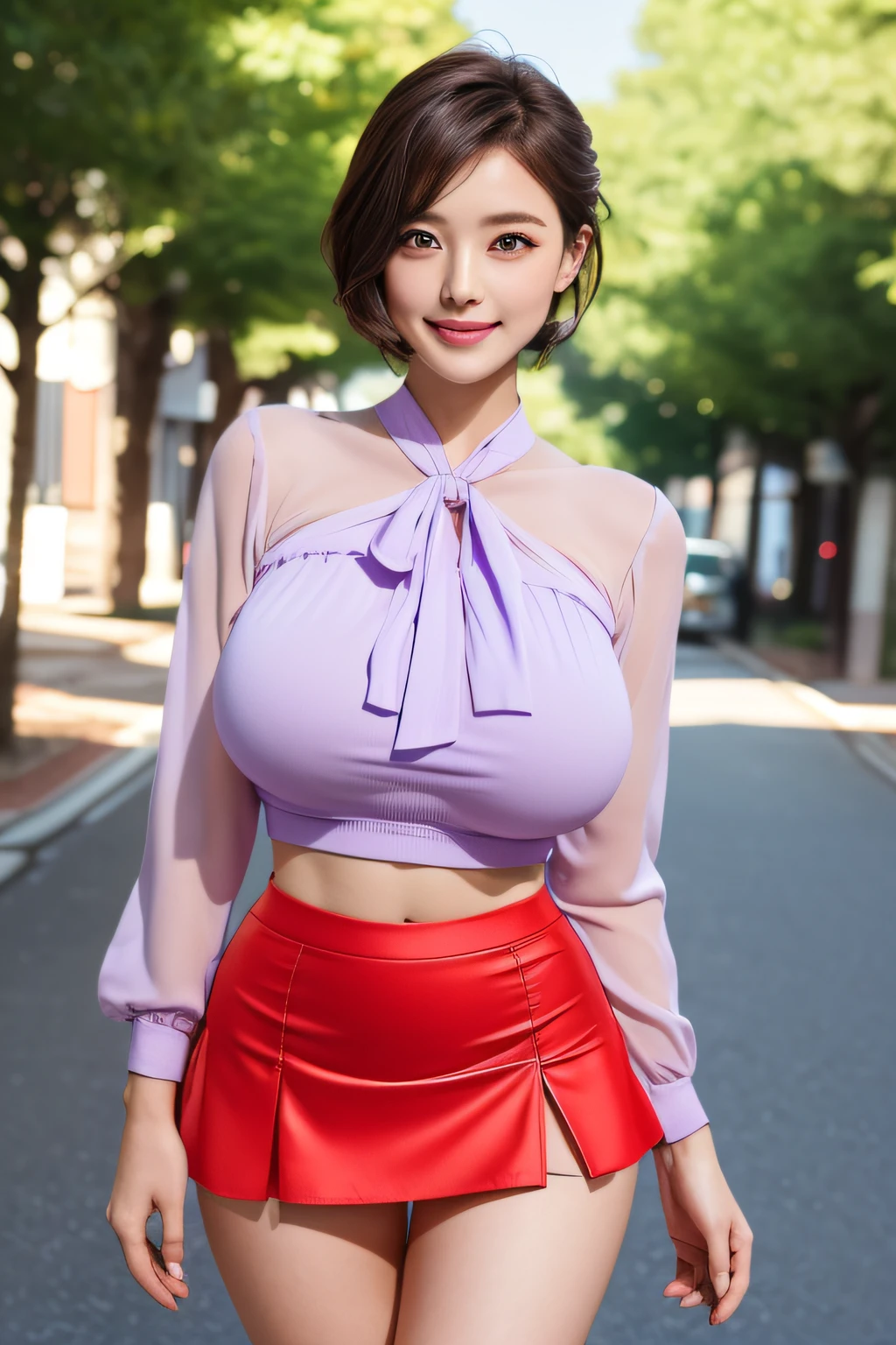 (The Ultimate Beautiful Japan Married Woman), 50 generations、hyperdetailed face, detailed brown eyes, (big eye:1.4), Double eyelids, Detail Lip, (grin)、cparted lips, red blush, a captivating gaze、short-haired black-haired, (Light purple fancy blouse:1.2), (Red tight mini skirt:1.4), Light pink panties, (Huge breasts:1.2), ((thin-waist)), (Curve:1.2), thighs thighs thighs thighs, Perfect litthing, (Photorealsitic:1.4), (ultra-detailliert), (top-quality), (Best Shadows), (​masterpiece), Ultra High Resolution, Background with: (Beautiful tree-lined streets)