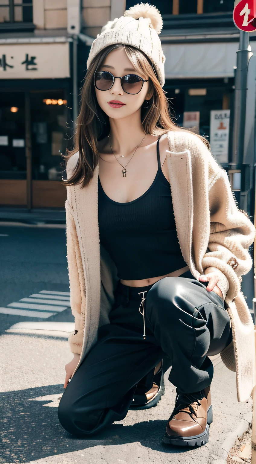 (32K,high-detail,high detal,hight resolution,highdensity,独奏,Lori:1.3),(Realistic people,Live action,A detailed eye,High resolution eyes,Fine eyes,Eyes that look like they are alive,beautiful dark blue eyes,Fishing eyes,Detailed lips,Crystal clear white skin,detailed realistic faces:1.3),(Japanese ido,Korean Idols,model in Japan,Korean models,Korean K-Pop Female Idol:1.2),(with a flushed face,natural make up,a necklace,piercings,Navel piercing:1.4)(Military Cargo Pants,Colorful tops with oversized silhouettes,Large coat,Leather boots,Knitted hats,Mode-based beautiful eye casual:1.6),(well-shaped breasts:1.5),(Young but very beautiful Korean16 years old girl,Cool eyes,little smiling,facing back,turned around,Looking at the camera,Fashion Leader,fashion modell,Soft skin,Unforgettable eyes,Her eyes are too beautiful,I want to go to Paris Collection........,Cutting-edge fashion:1.6),(showing your whole body,Show full-body fashion,Stylish blue glasses:1.7)