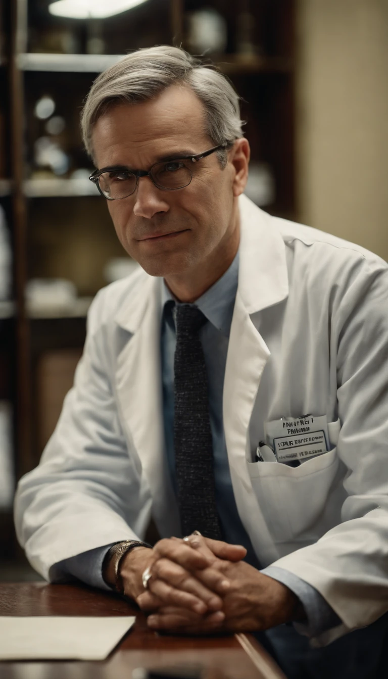 The 40-year-old doctor, with his sharp prescription glasses and gray hair, sits behind his medical table, his white coat and stethoscope a clear indication of his profession. As he looks straight at the camera, his calm and confident expression conveys his readiness to see his next patient.