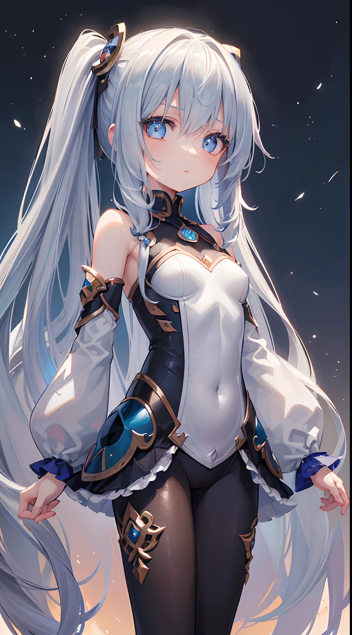 (top-quality), (masterpiece)、(ultla detailed)、(Background of a large unidentified flying object)、(Beautiful girl alone)、From below、Throat and face、Chiquita、(cute little)、silber hair、Twin-tailed、blue eyess、Luminous Eyes、Eyes and faces with detailed、Arms crossed、(Silver bodysuit)、Futomo、strong breeze、Daytime