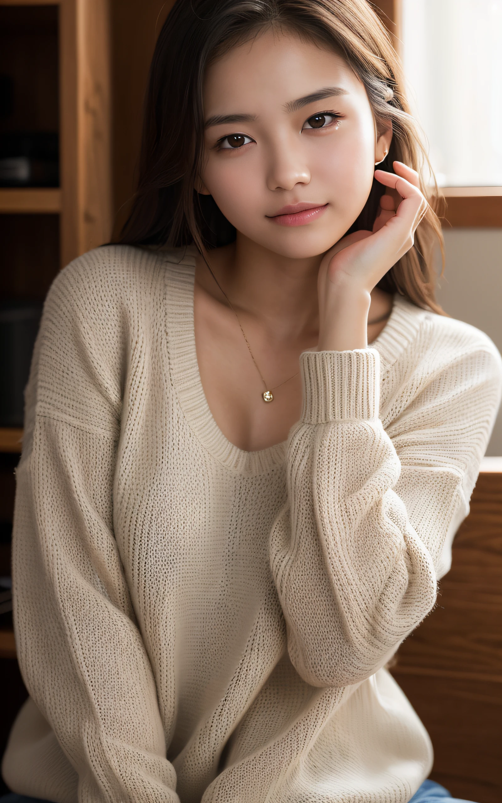 (Best Quality, 8k, 32k, Masterpiece, UHD: 1.2), Cute Japan Woman Photos, Breasts, Face Focus, oversized_sweater, Necklace, From Top, Watching Viewer, Underwear, Natural Hands, Full Body,