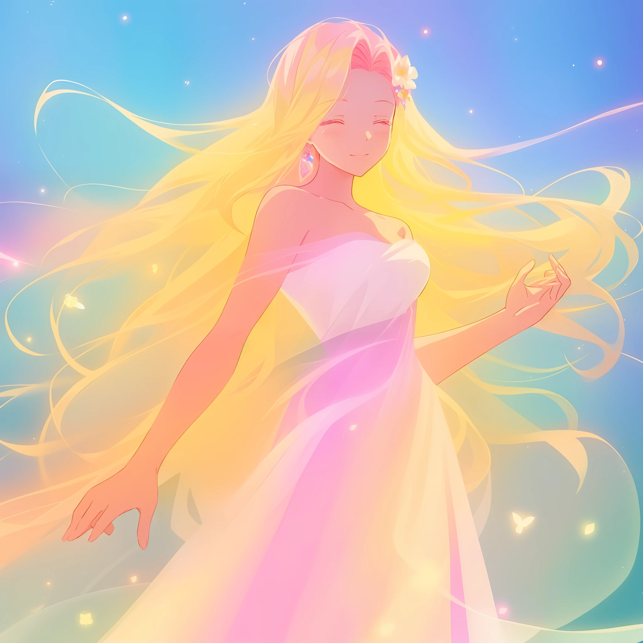 beautiful girl in pink and white puffy layered ballgown, fairy dress, long golden hair, watercolor illustration, inspired by Glen Keane, inspired by Lois van Baarle, disney art style, by Lois van Baarle, glowing aura around her, by Glen Keane, jen bartel, glowing lights! digital painting, flowing glowing hair, glowing flowing hair, beautiful digital illustration, fantasia otherworldly landscape plants flowers, beautiful, masterpiece, best quality, anime disney style